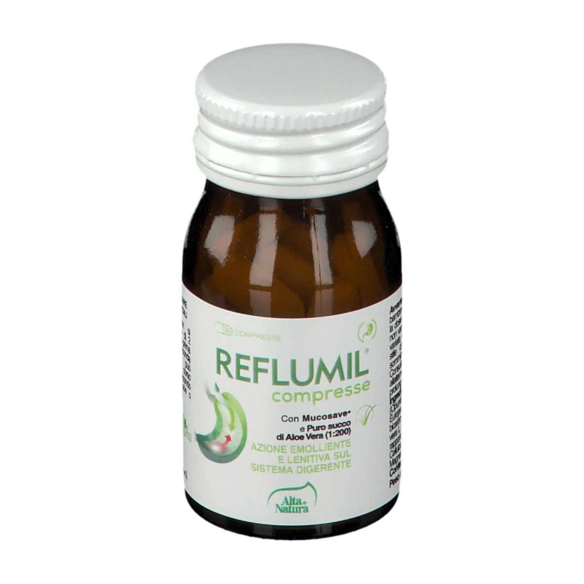 Flacone di vetro marrone con tappo bianco. Sull'etichetta: Reflumil Compresse. Con Mucosave e Aloe Vera.