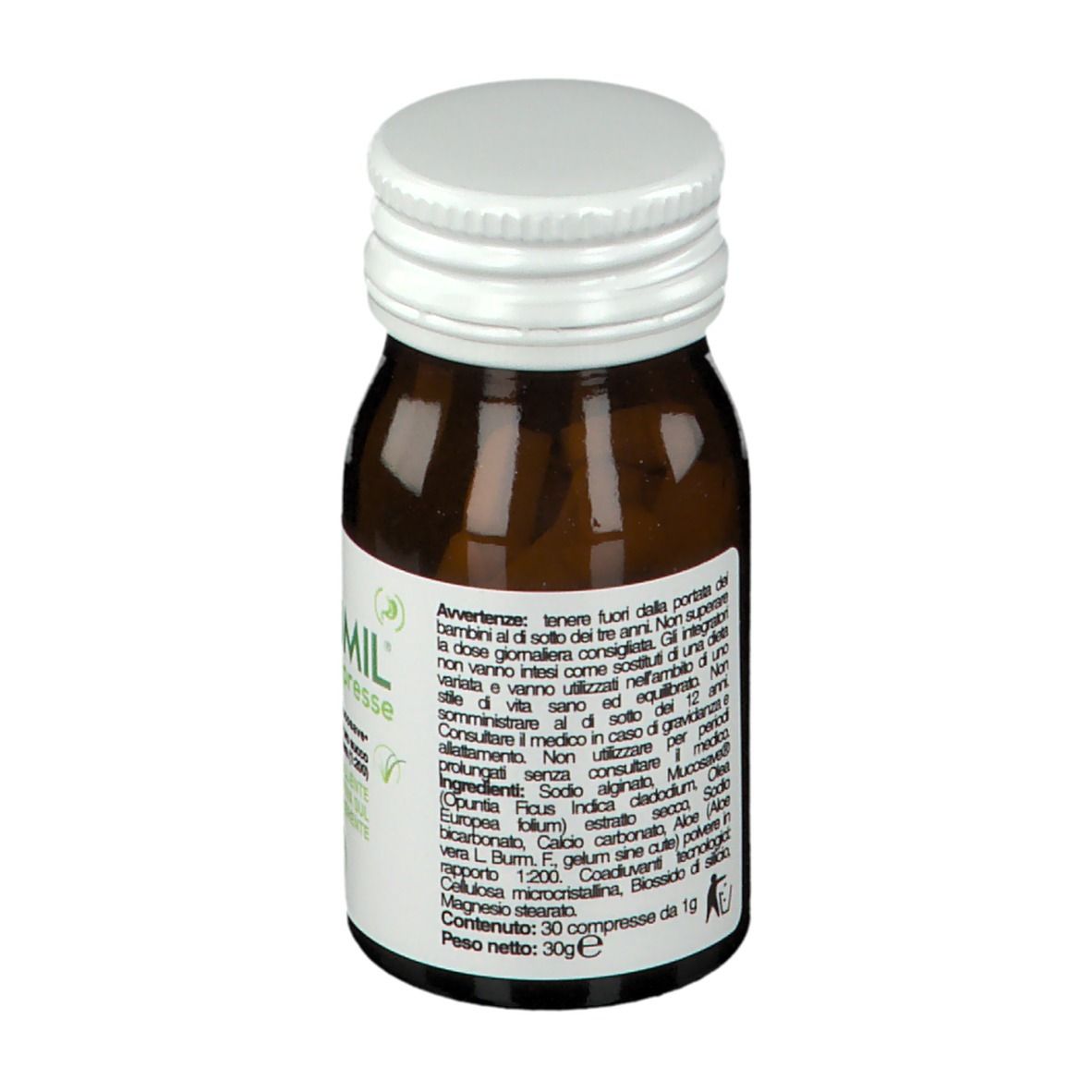 Flacone di vetro marrone con tappo bianco. Sull'etichetta: Reflumil Compresse. Con Mucosave e Aloe Vera.