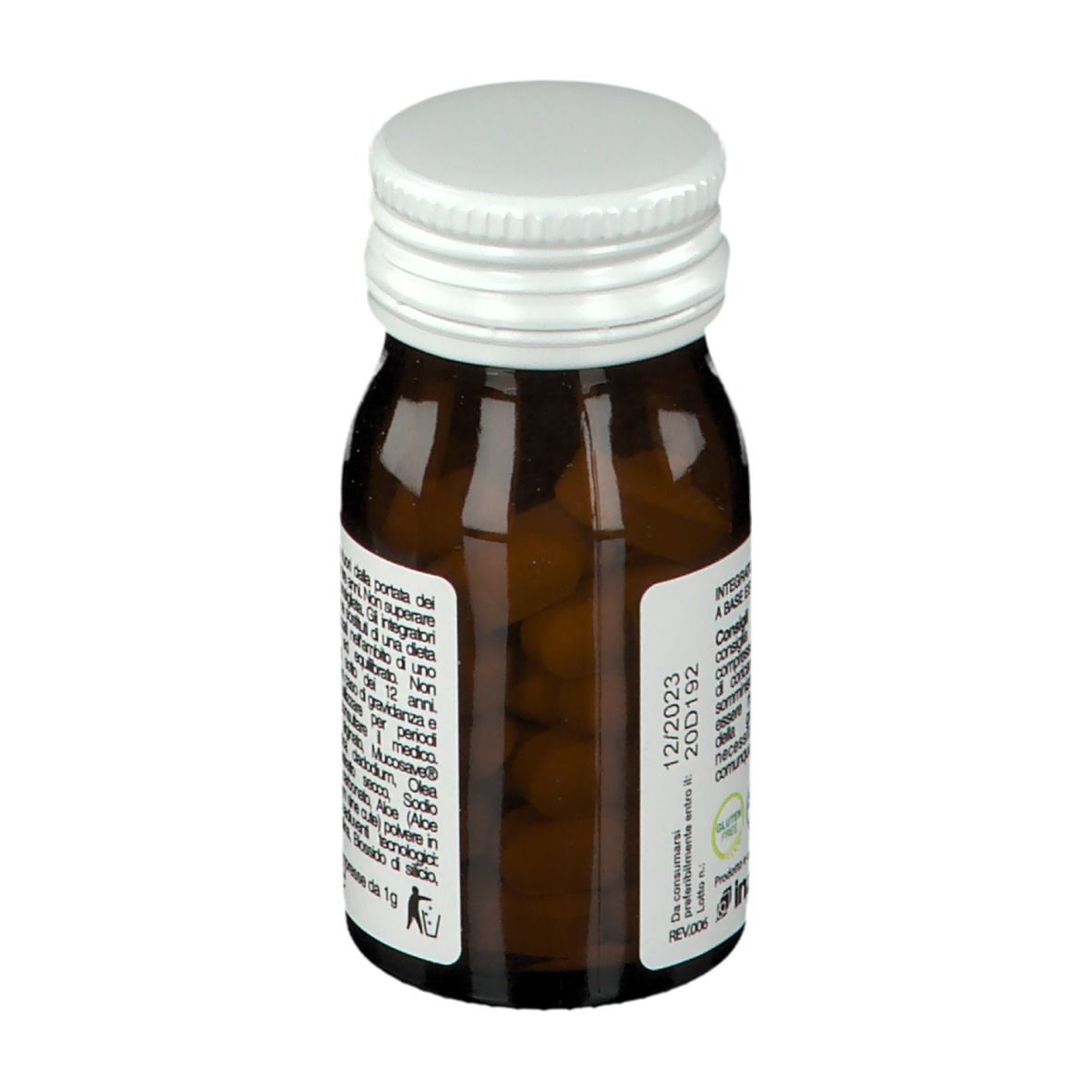 Flacone di vetro marrone con tappo bianco. Retro con testo. Scritta: Reflumil Compresse. Contenuto: 30 compresse.