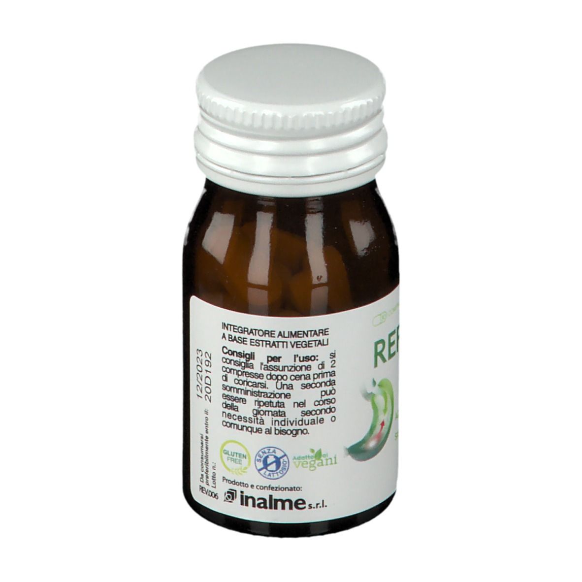Flacone di vetro marrone con tappo bianco. Retro con testo. Scritta: Reflumil Compresse. Senza glutine e vegano.
