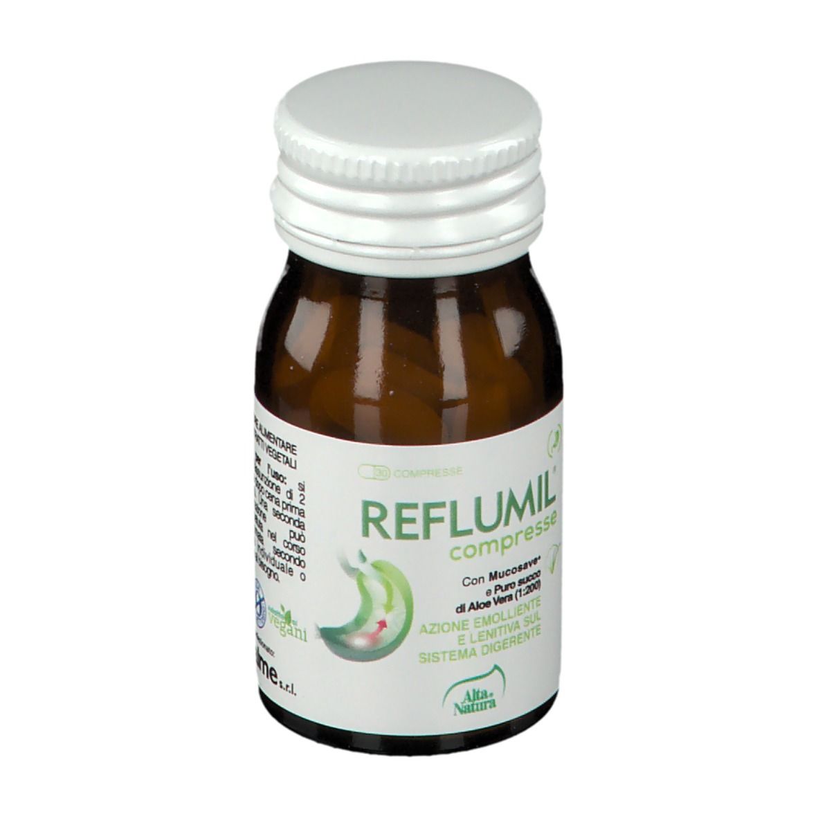 Flacone di vetro marrone con tappo bianco. Scritta: Reflumil Compresse. Con Mucosave e Aloe Vera. Marchio: Alta Natura.