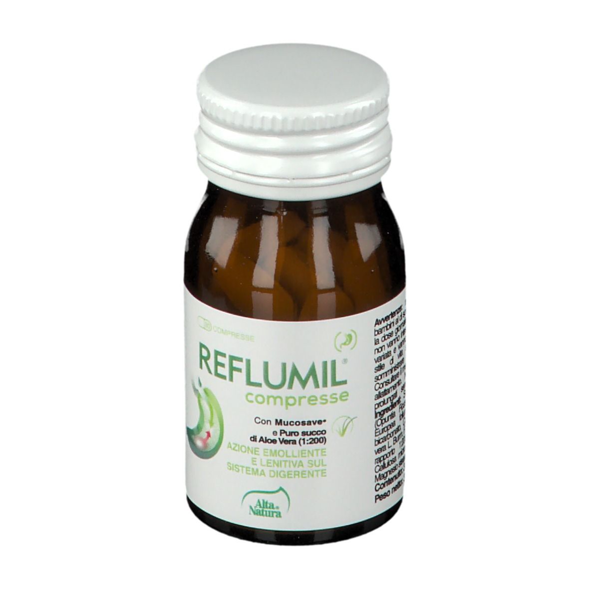 Flacone di vetro marrone con tappo bianco. Scritta: Reflumil Compresse. Con Mucosave e Aloe Vera. Marchio: Alta Natura.