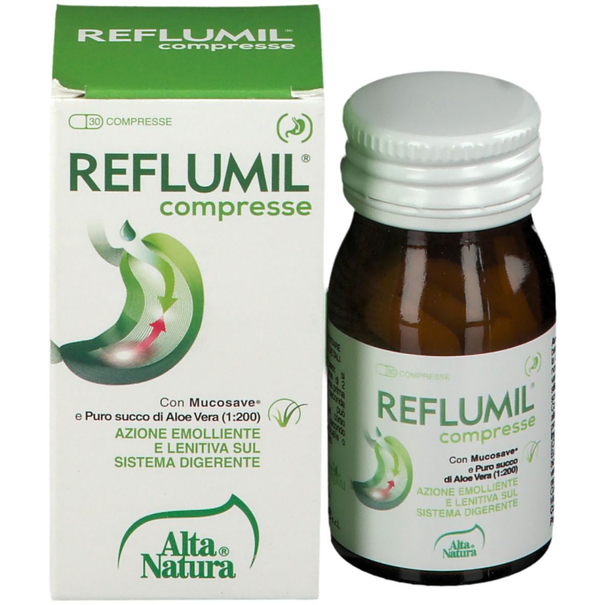Flacone di vetro marrone e scatola. Scritta: Reflumil Compresse. Con Mucosave e Aloe Vera. Marchio: Alta Natura.