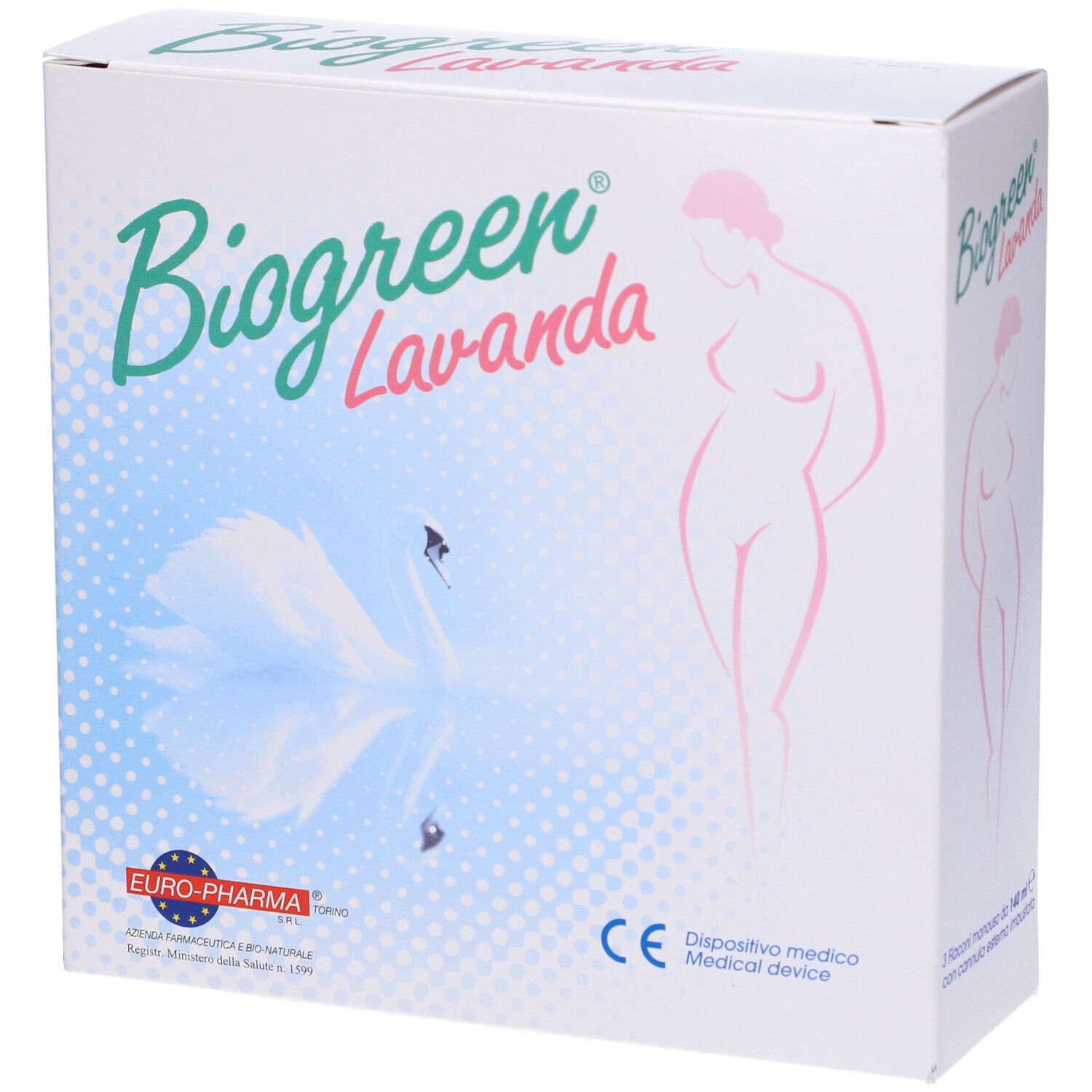 Scatola bianca con logo "Biogreen Lavanda". Immagine di donna e cigno. Marchio CE.