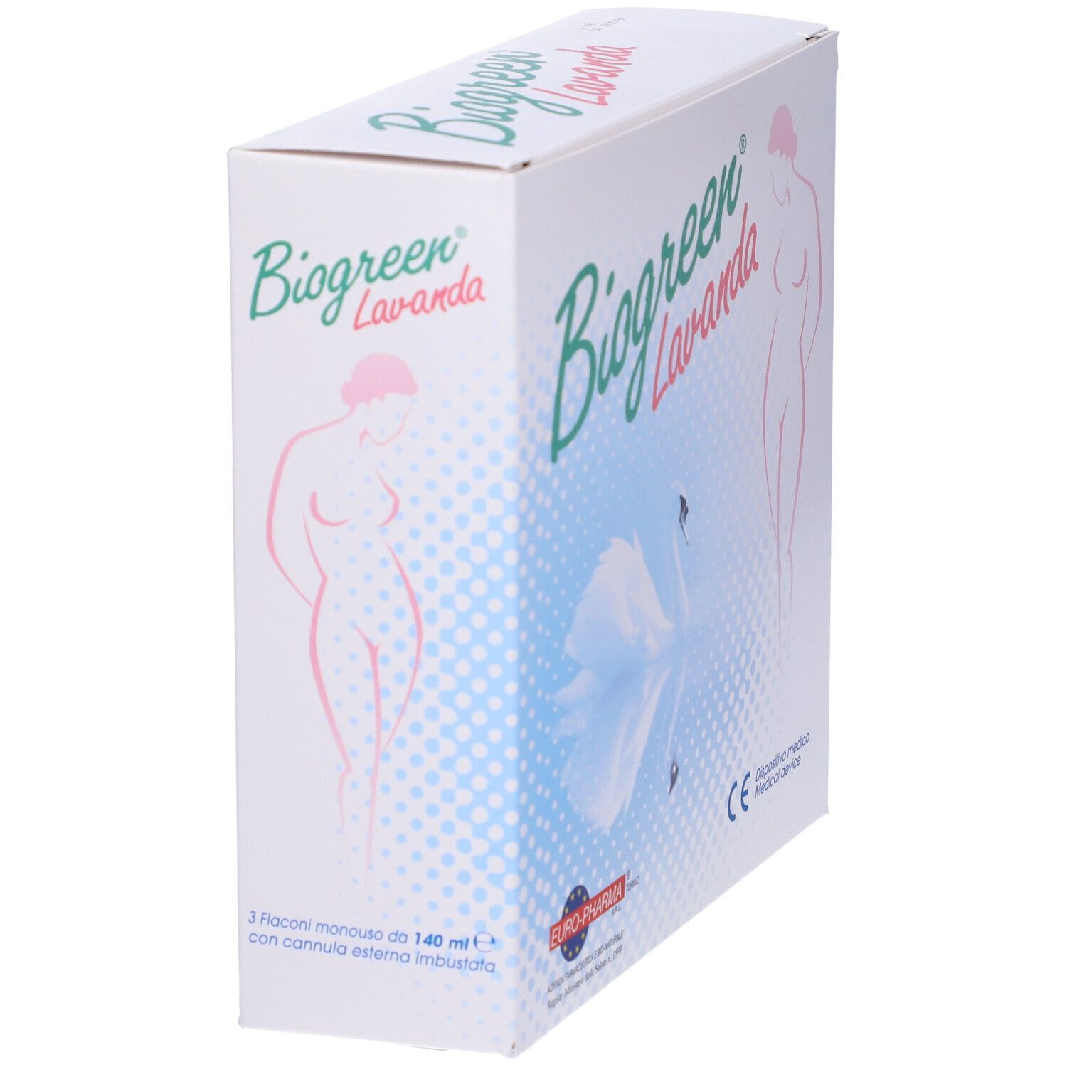 Scatola con logo "Biogreen Lavanda". Immagine di donna e cigno. Marchio CE.