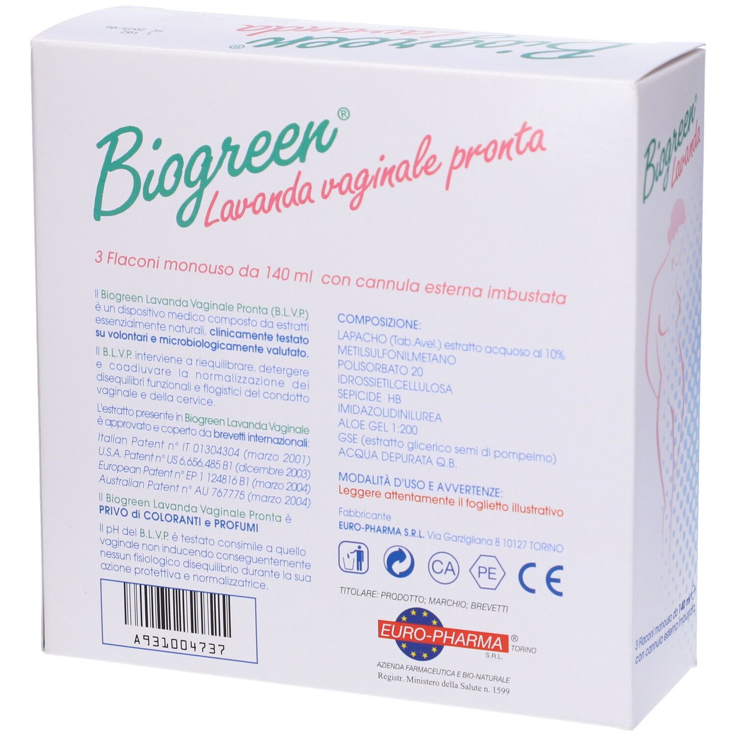 Confezione con logo "Biogreen Lavanda vaginale pronta". Contiene informazioni sul prodotto e ingredienti.
