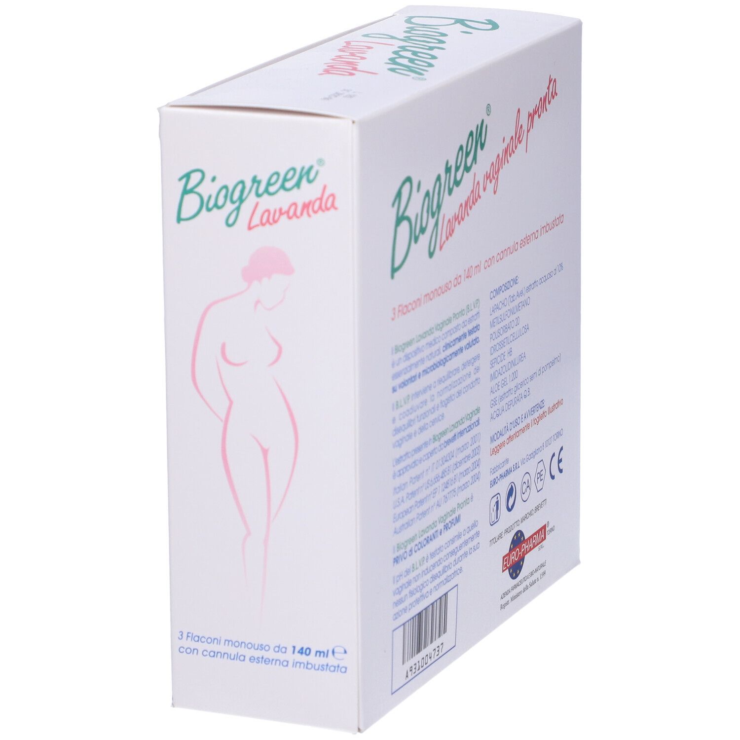 Scatola con logo "Biogreen Lavanda vaginale pronta". Contiene informazioni sul prodotto e ingredienti.