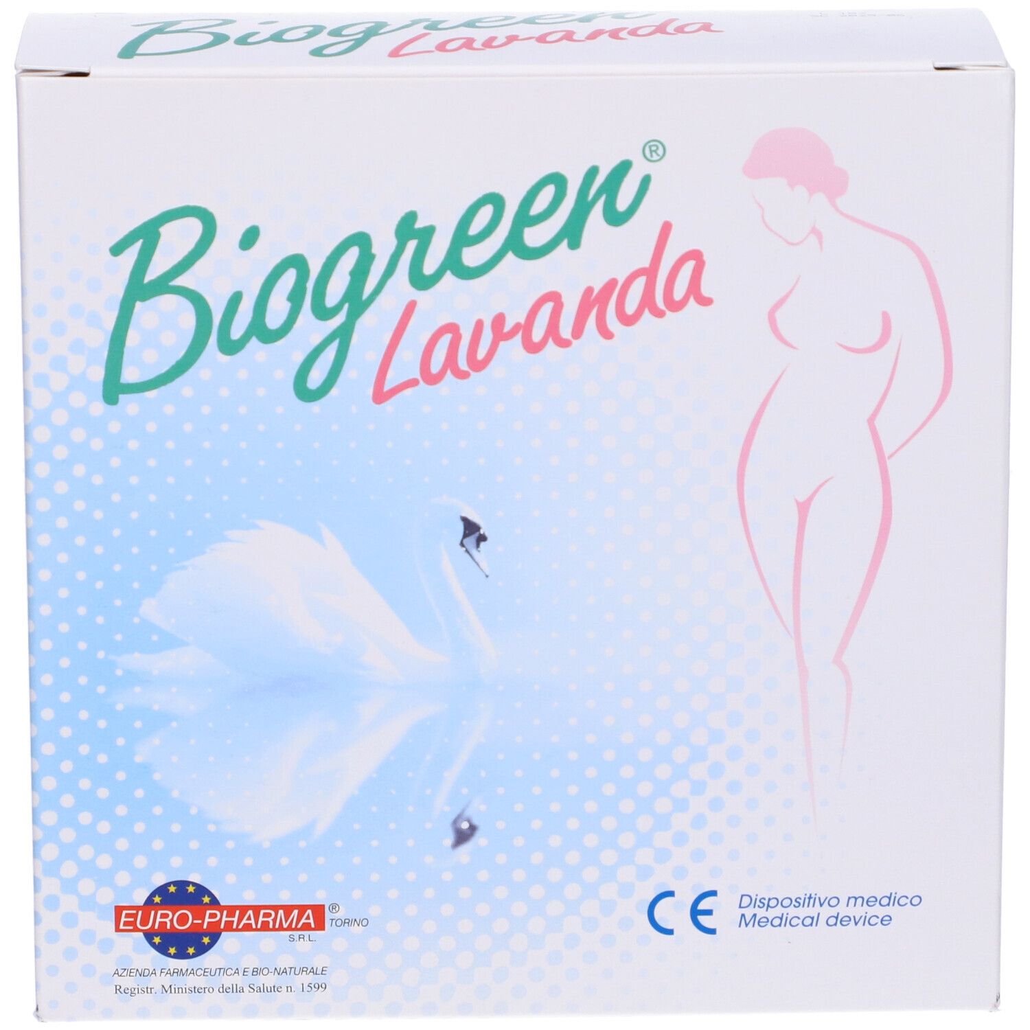 Scatola bianca con logo "Biogreen Lavanda". Immagine di donna e cigno. Marchio CE.