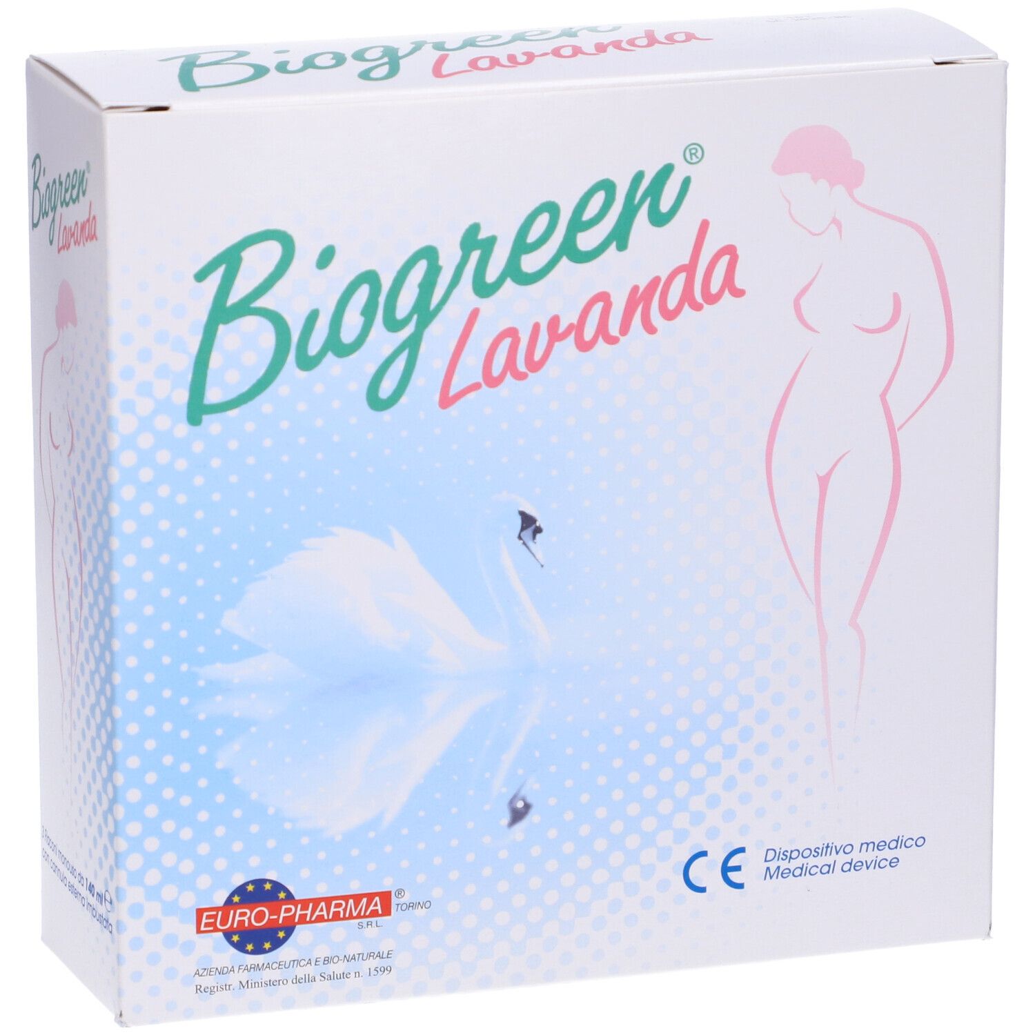 Scatola bianca con logo "Biogreen Lavanda". Immagine di donna e cigno. Marchio CE.