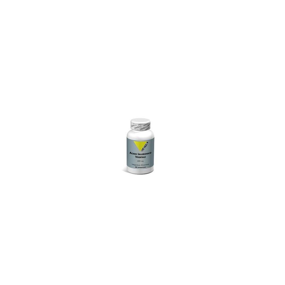 Flacone bianco con etichetta. Scritta: Acido Ialuronico, Vit'All+. Capsule.