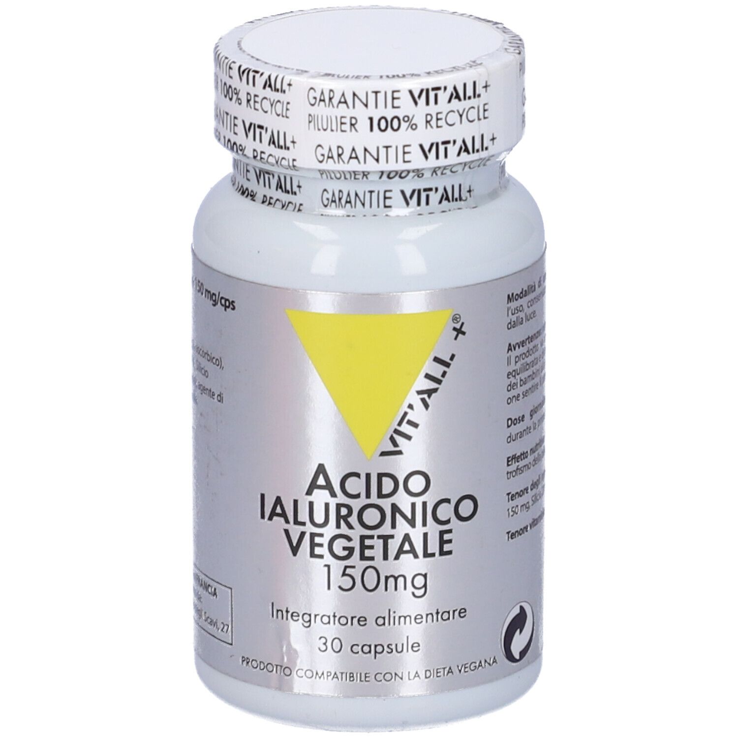 Flacone bianco, triangolo giallo, scritta: Acido Ialuronico Vegetale 150mg, 30 capsule, Vit'All+.