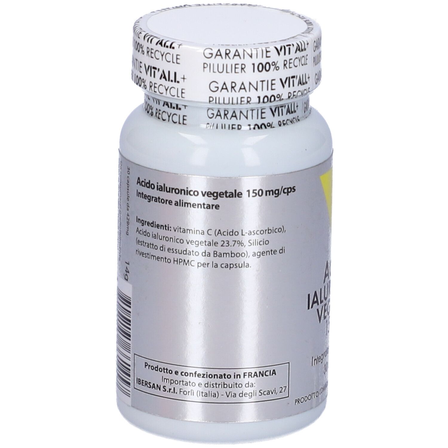 Flacone bianco, retro con ingredienti: Acido Ialuronico Vegetale 150 mg/cps, Vit'All+.