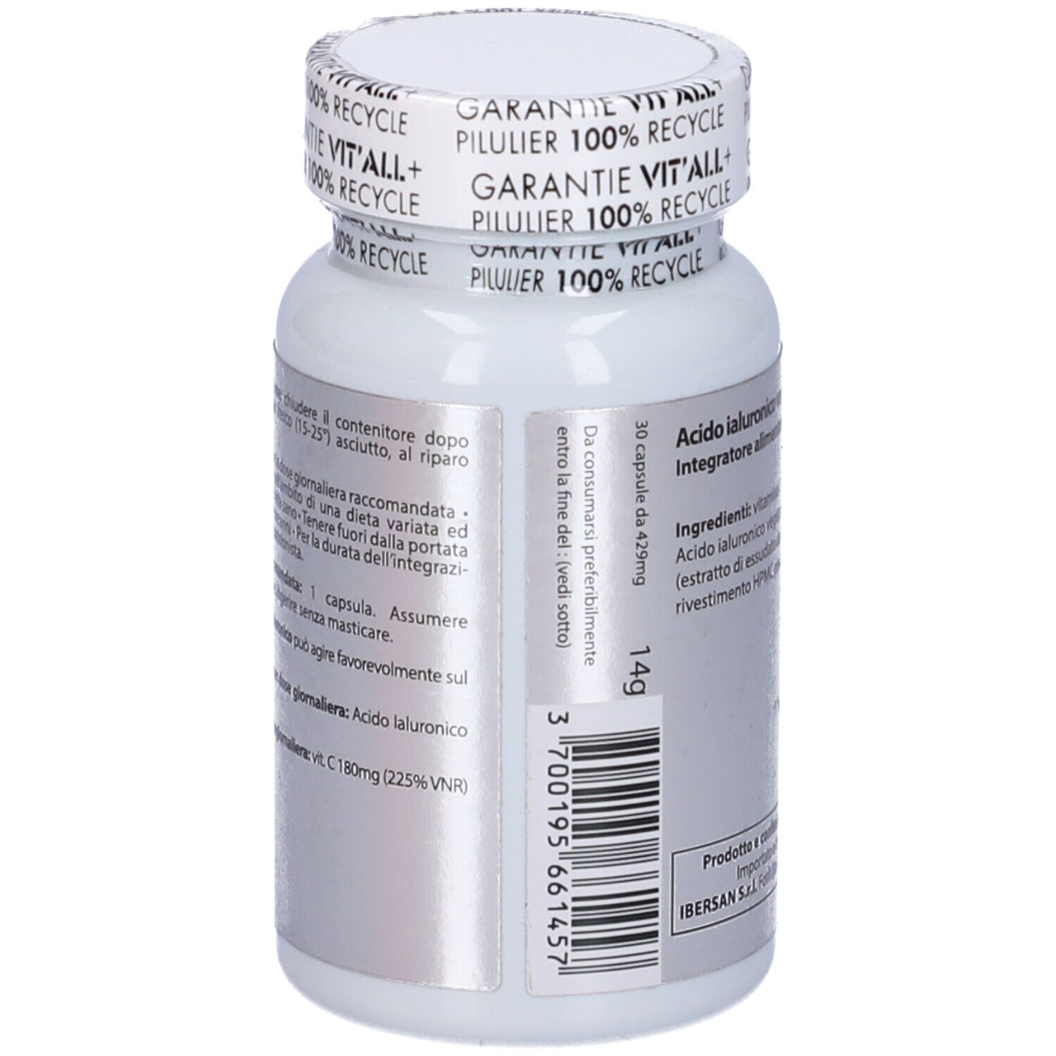 Flacone bianco, retro con informazioni: 30 capsule, 429mg, Vit'All+.