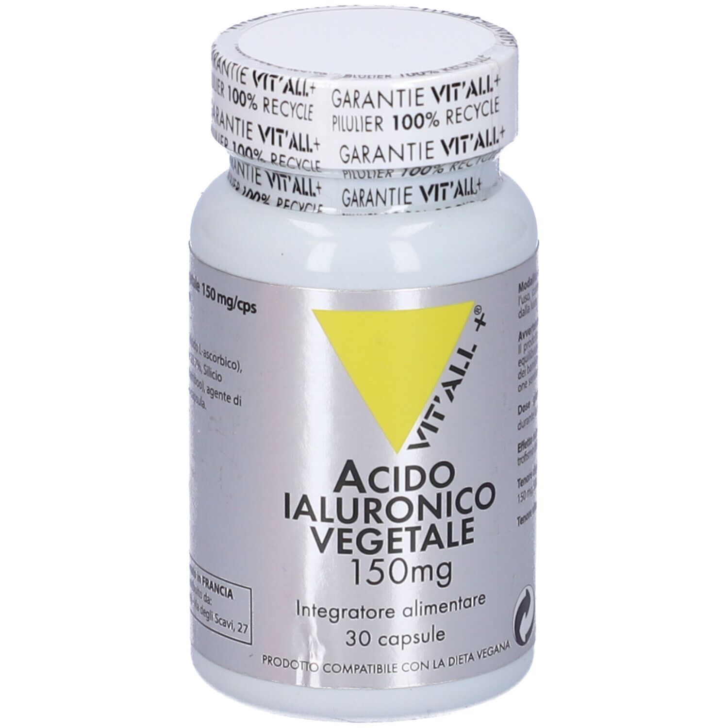 Flacone bianco, triangolo giallo, scritta: Acido Ialuronico Vegetale 150mg, 30 capsule, Vit'All+.