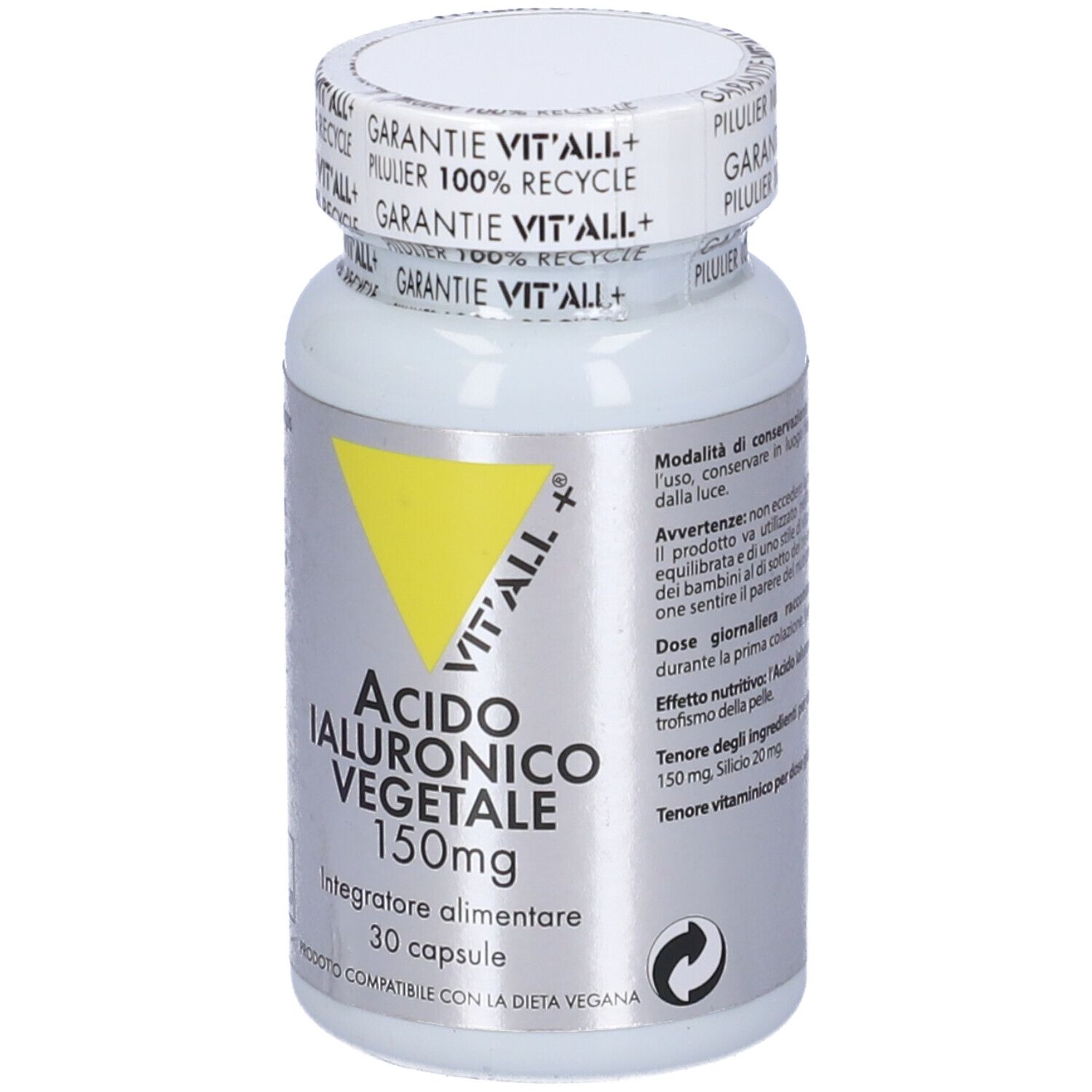 Flacone bianco, triangolo giallo, scritta: Acido Ialuronico Vegetale 150mg, 30 capsule, Vit'All+.