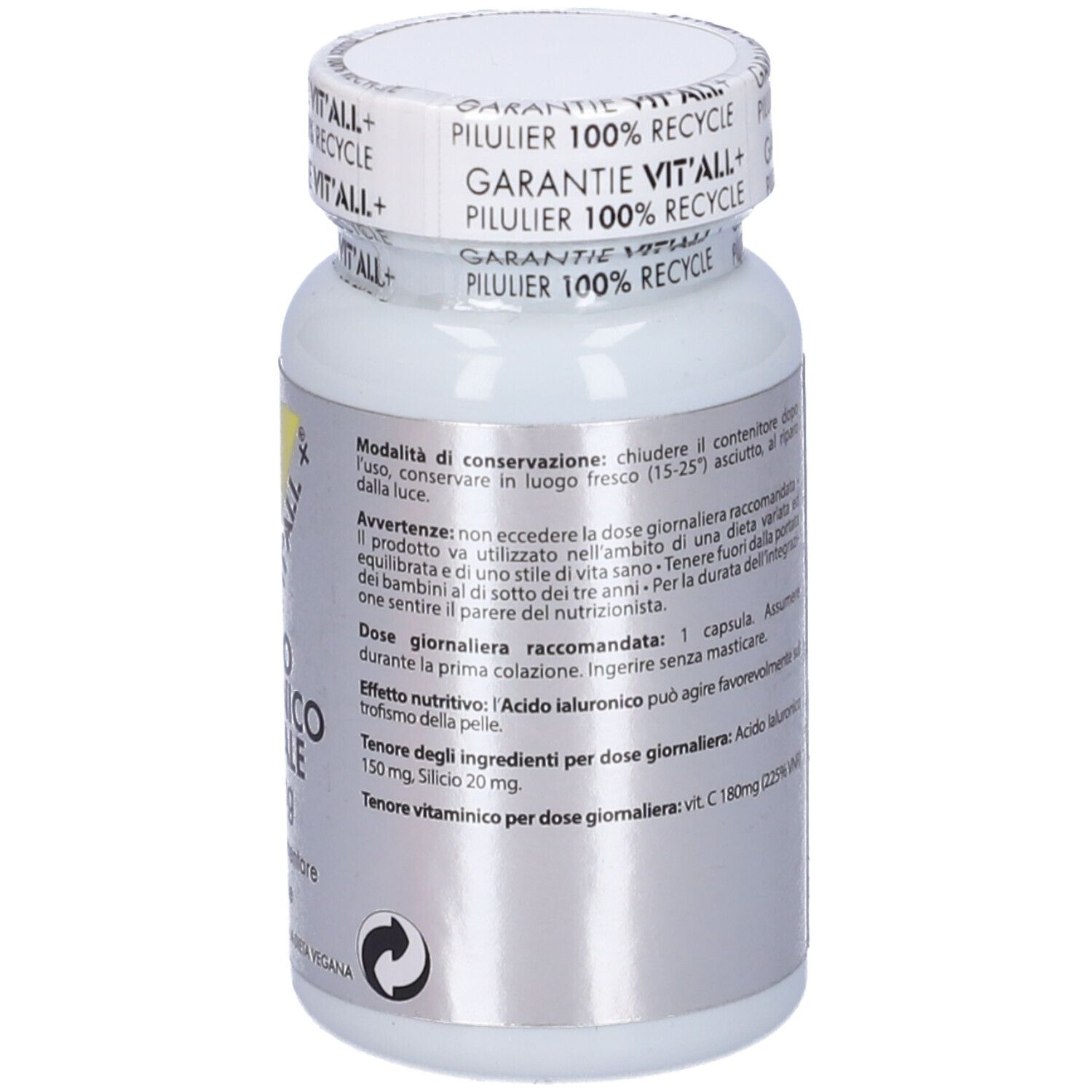 Flacone bianco, triangolo giallo, scritta: Acido Ialuronico Vegetale 150mg, 30 capsule, Vit'All+.