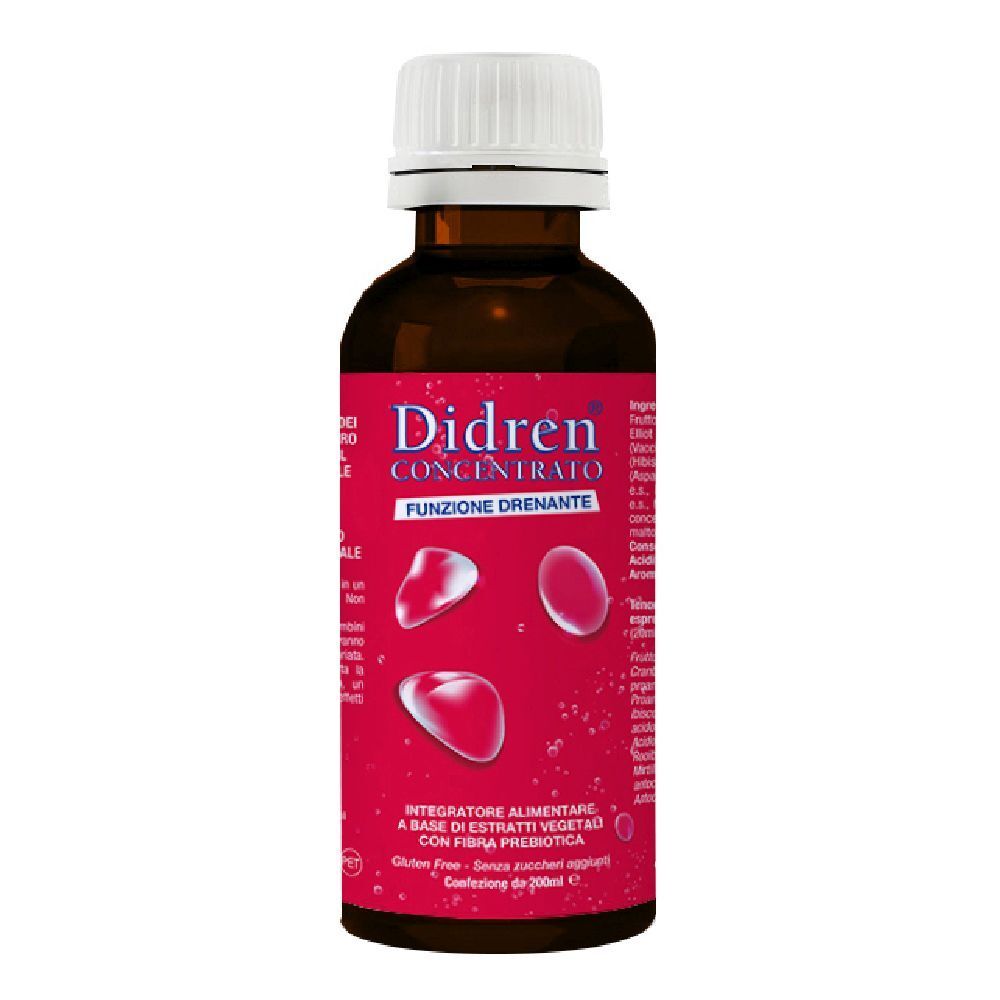 Bottiglia marrone con tappo bianco. Etichetta rossa con nome prodotto Didren Concentrato e illustrazioni.