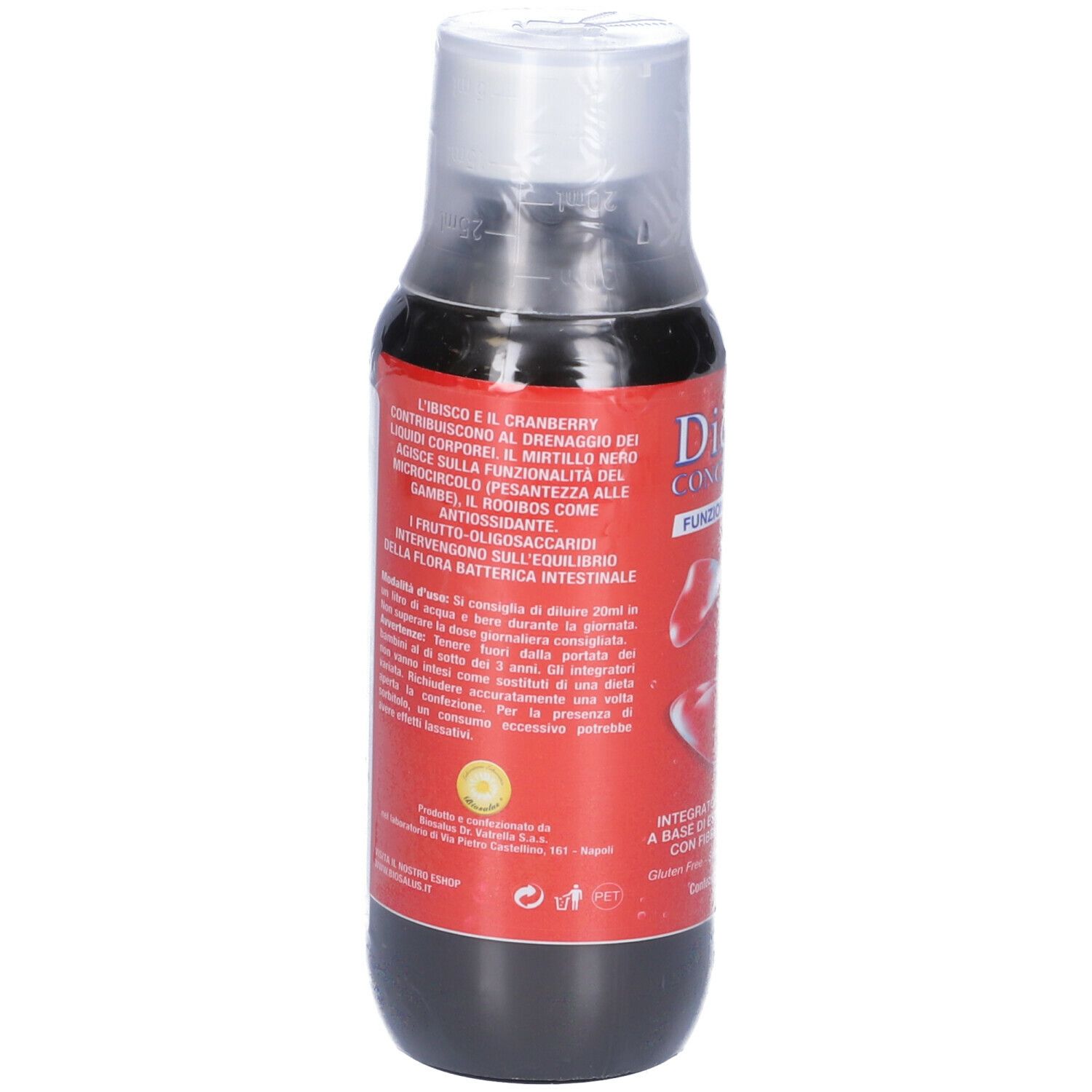 Bottiglia marrone in plastica trasparente. Etichetta rossa con nome prodotto Didren Concentrato e testo.