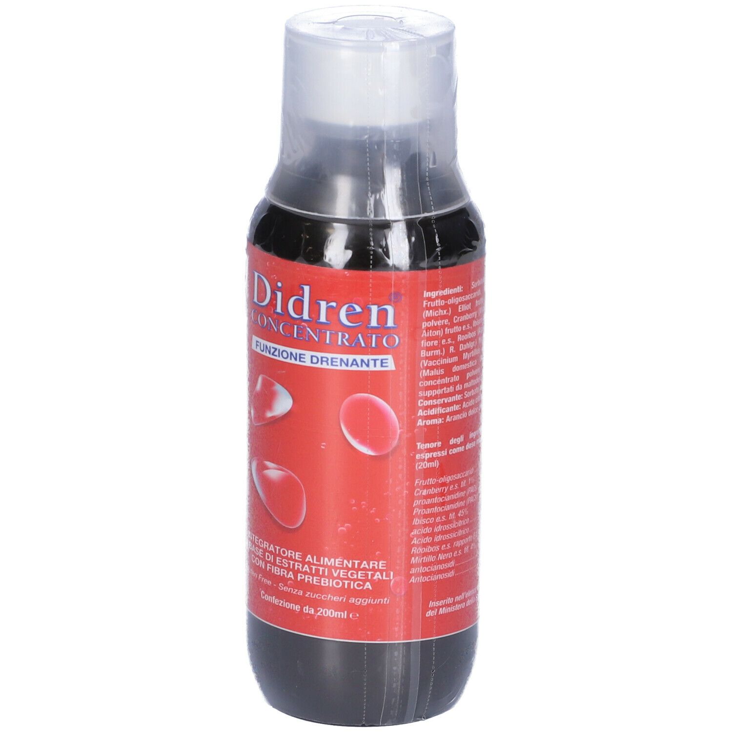 Bottiglia marrone in plastica trasparente. Etichetta rossa con nome prodotto Didren Concentrato e testo.
