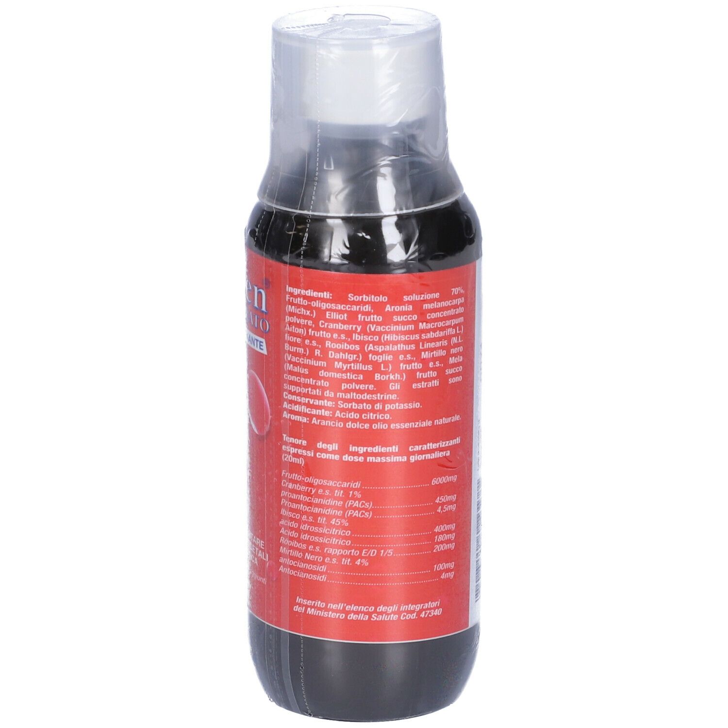 Bottiglia marrone in plastica trasparente. Etichetta rossa con nome prodotto Didren Concentrato e ingredienti.