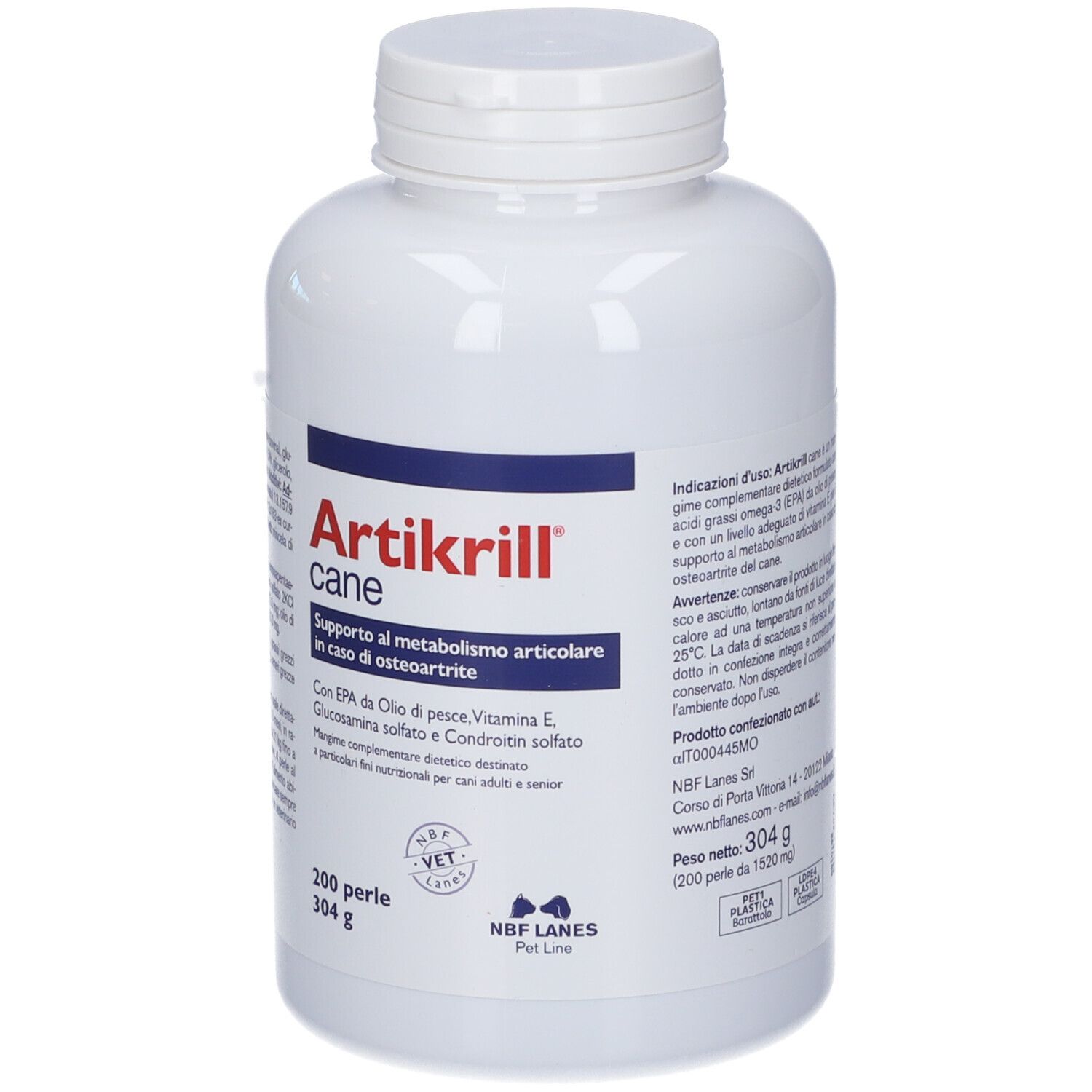 Weiße Dose mit Articrill cane, 200 Perlen, 304g.