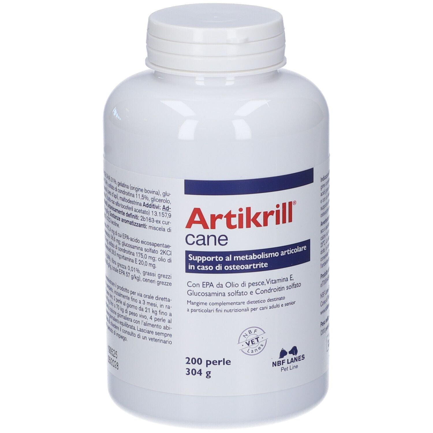 Weiße Dose mit Articrill cane, 200 Perlen, 304g.