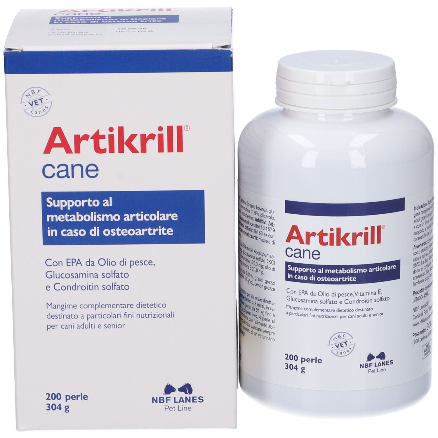 Weiße Dose und Kartonverpackung, beide mit Etikett 'Artikrill cane' und italienischer Schrift.