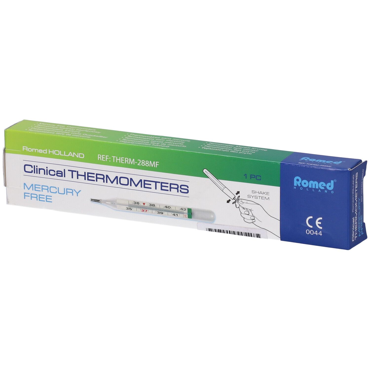 Confezione di termometro clinico senza mercurio. Marca: Romed Holland. Contiene un termometro.