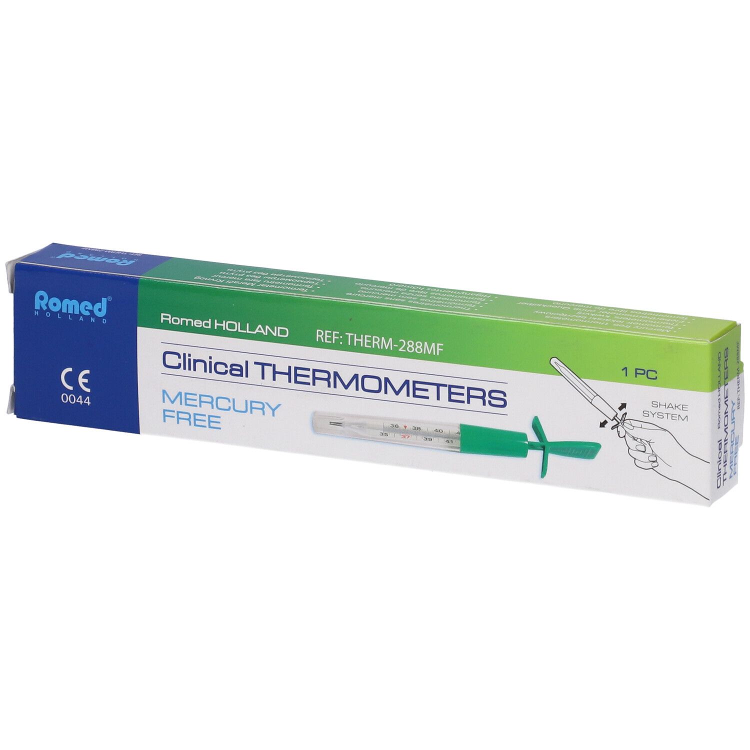 Confezione di un termometro clinico senza mercurio. Marca: Romed Holland. Con protezione verde.