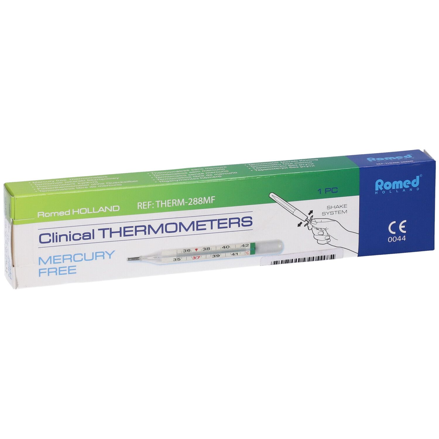 Confezione di un termometro clinico senza mercurio. Marca: Romed Holland. Con marchio CE.