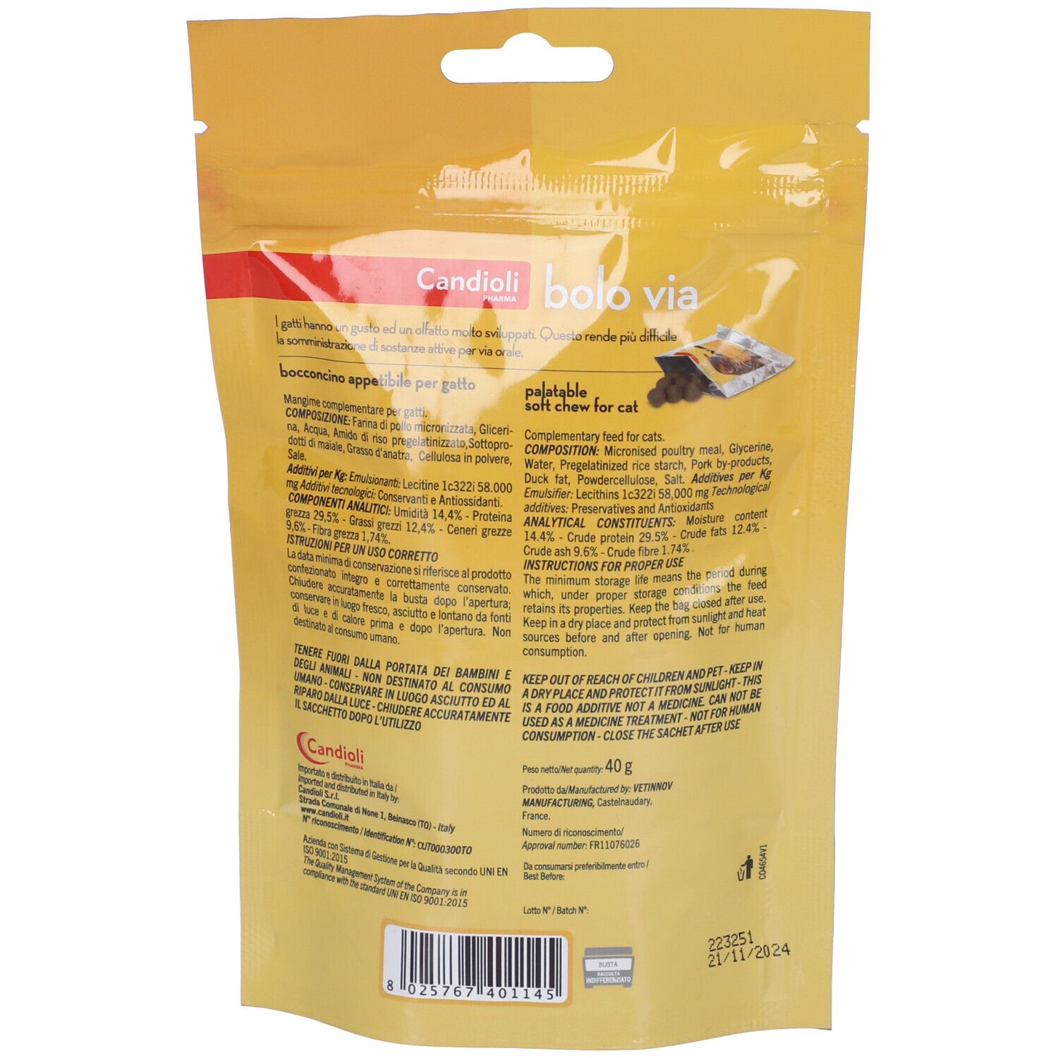 Verpackung für Candiloli Bolo Via Leckerlis gegen Haarballen bei Katzen.