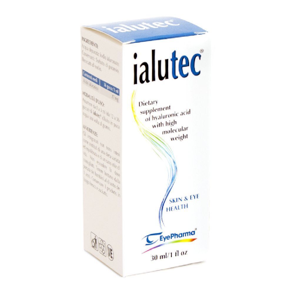 Scatola Ialutec. Integratore alimentare con acido ialuronico. Marchio EyePharma. Dettagli nutrizionali e ingredienti.