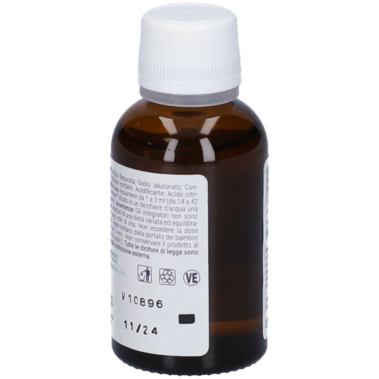 Flacone di vetro marrone con tappo bianco. Etichetta con informazioni sul prodotto, ingredienti e istruzioni per l'uso.