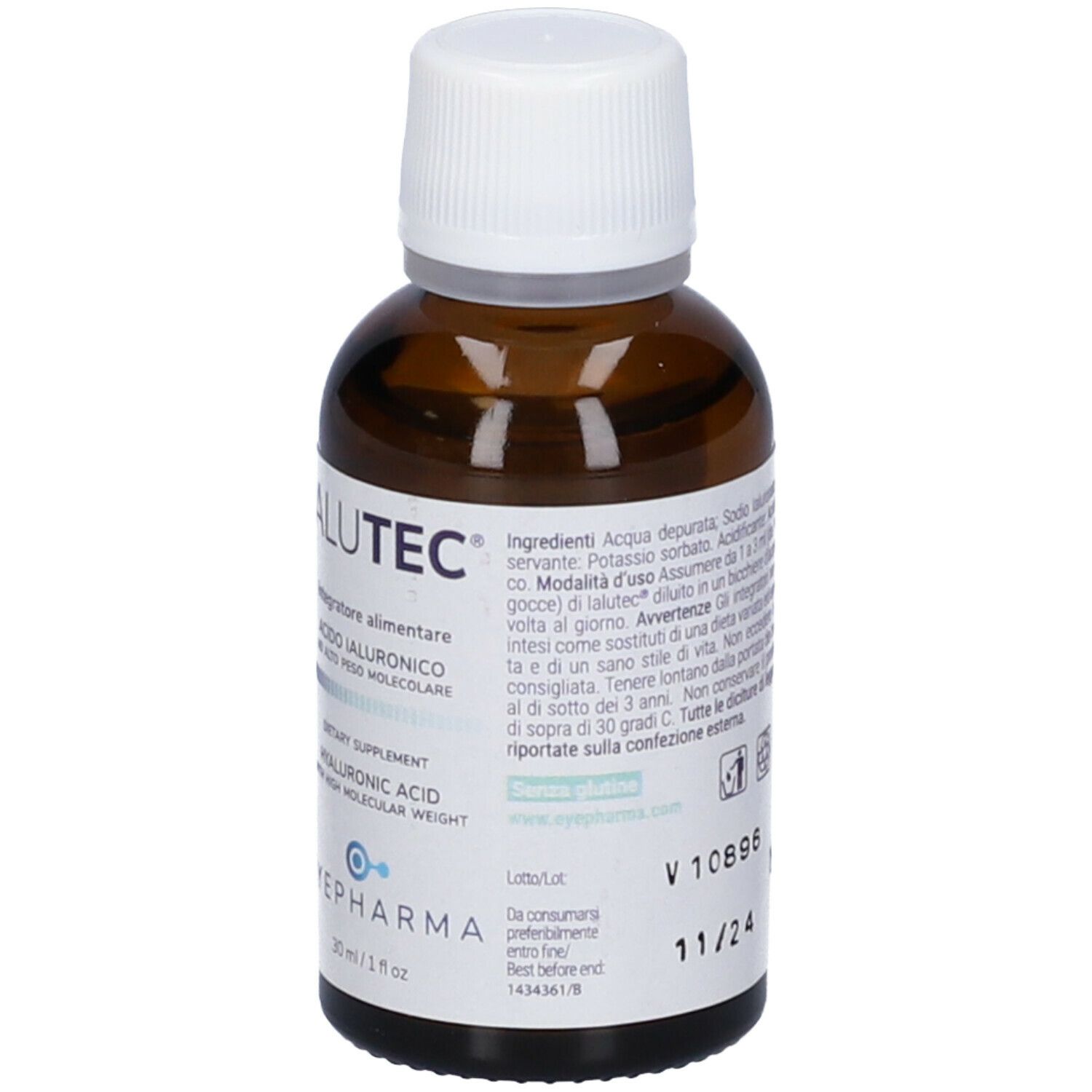 Flacone di vetro marrone con tappo bianco. Etichetta con nome del prodotto Ialutec e informazioni. Marchio EyePharma.