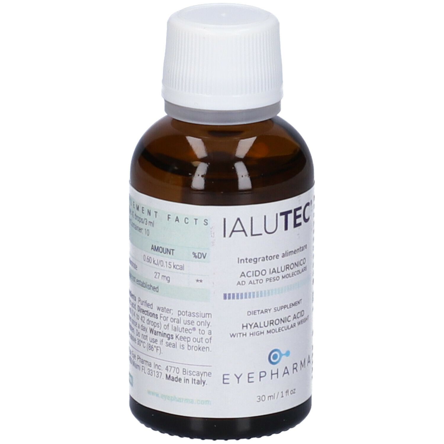 Flacone di vetro marrone con tappo bianco. Etichetta con nome del prodotto Ialutec e informazioni nutrizionali. Marchio EyePharma.