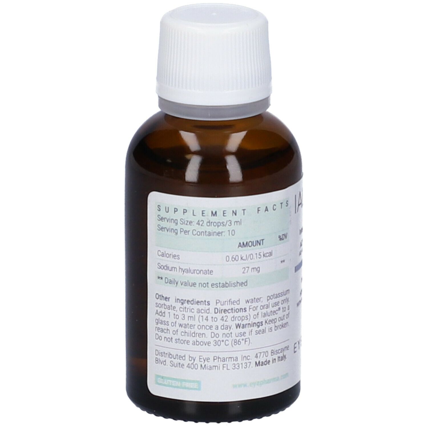 Flacone di vetro marrone con tappo bianco. Etichetta con informazioni nutrizionali e ingredienti. Marchio EyePharma.