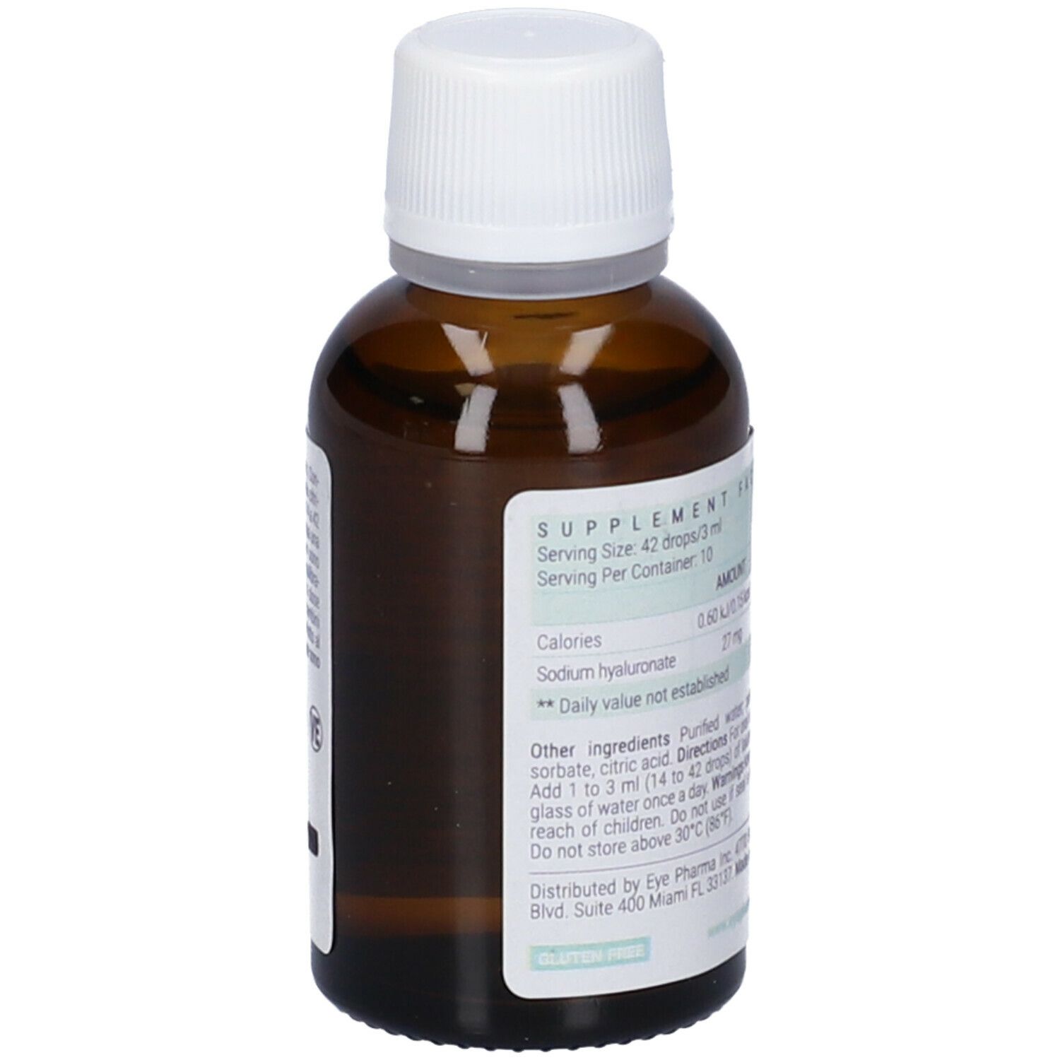 Flacone di vetro marrone con tappo bianco. Etichetta con informazioni nutrizionali e ingredienti. Marchio EyePharma.