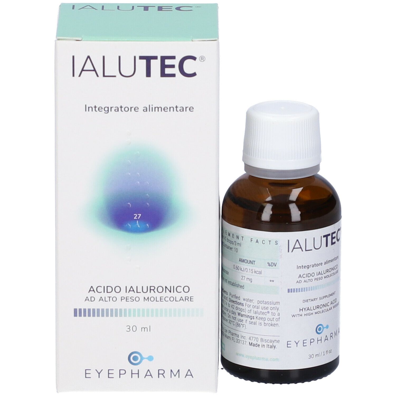 Prodotto Ialutec e confezione. Flacone marrone con tappo bianco e scatola. Contiene acido ialuronico.