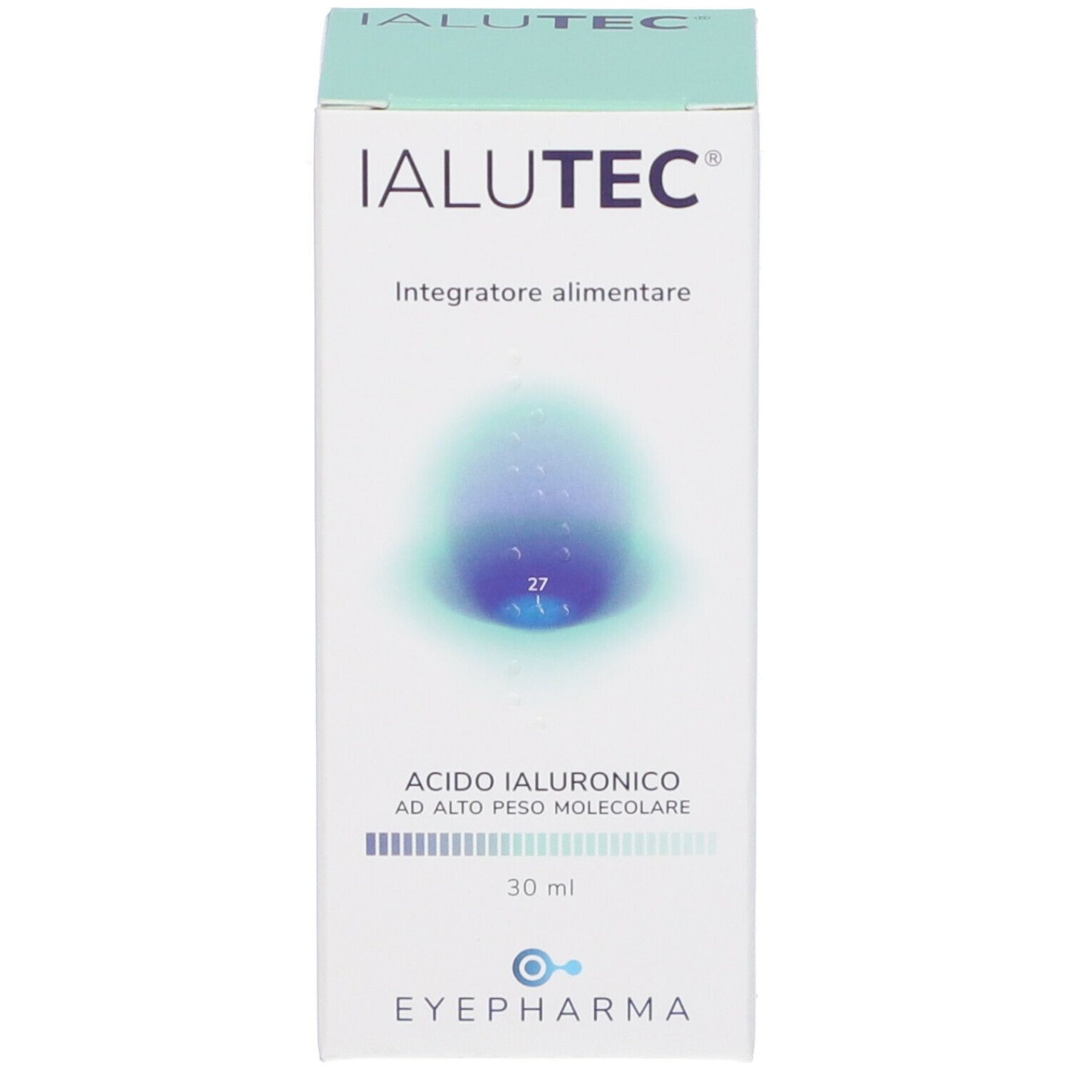 Scatola Ialutec. Contiene acido ialuronico. Marchio EyePharma. Design blu e bianco.