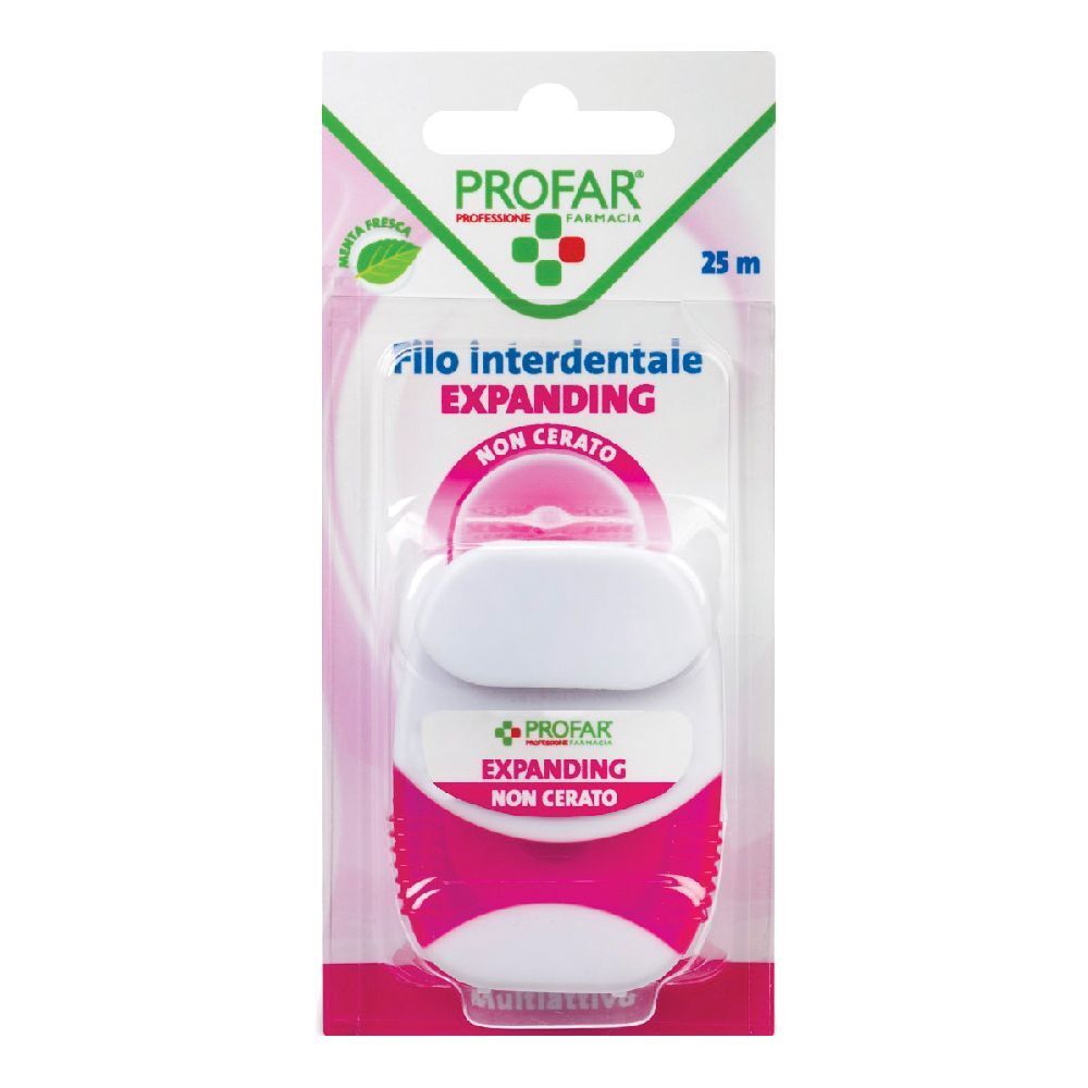 Confezione di filo interdentale. Marchio PROFAR. Dispenser bianco e rosa con 25 m di filo. Scritta: Filo interdentale Expanding Non Cerato.