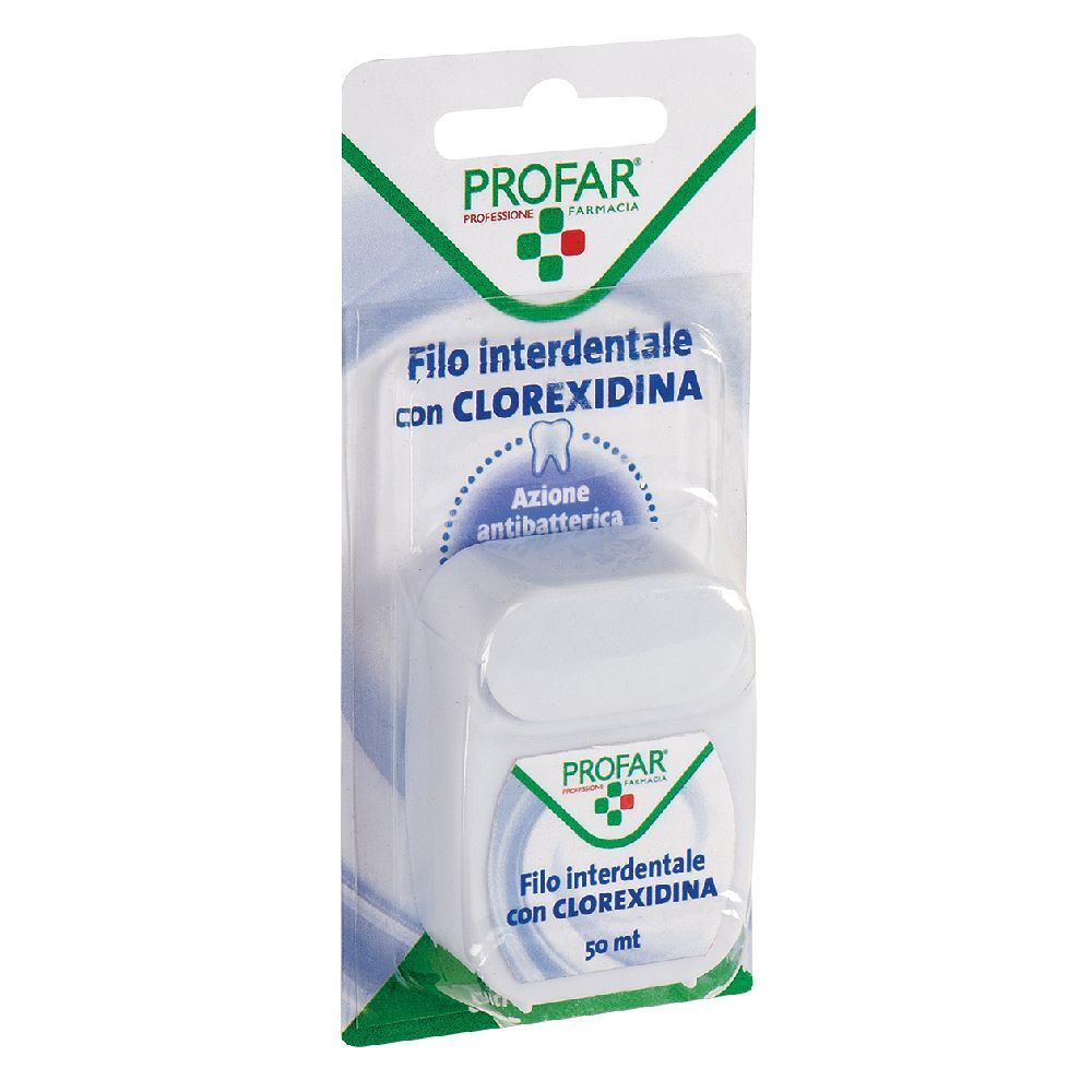Confezione di filo interdentale con logo "PROFAR". Scritta: "Filo interdentale con CLOREXIDINA". Azione antibatterica. 50 ml.