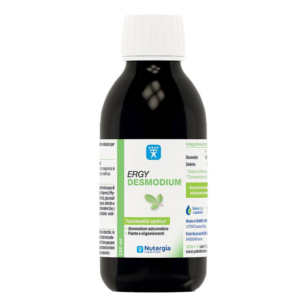 Flacone marrone con tappo bianco. Etichetta "Ergy Desmodium" e logo. 250 ml.