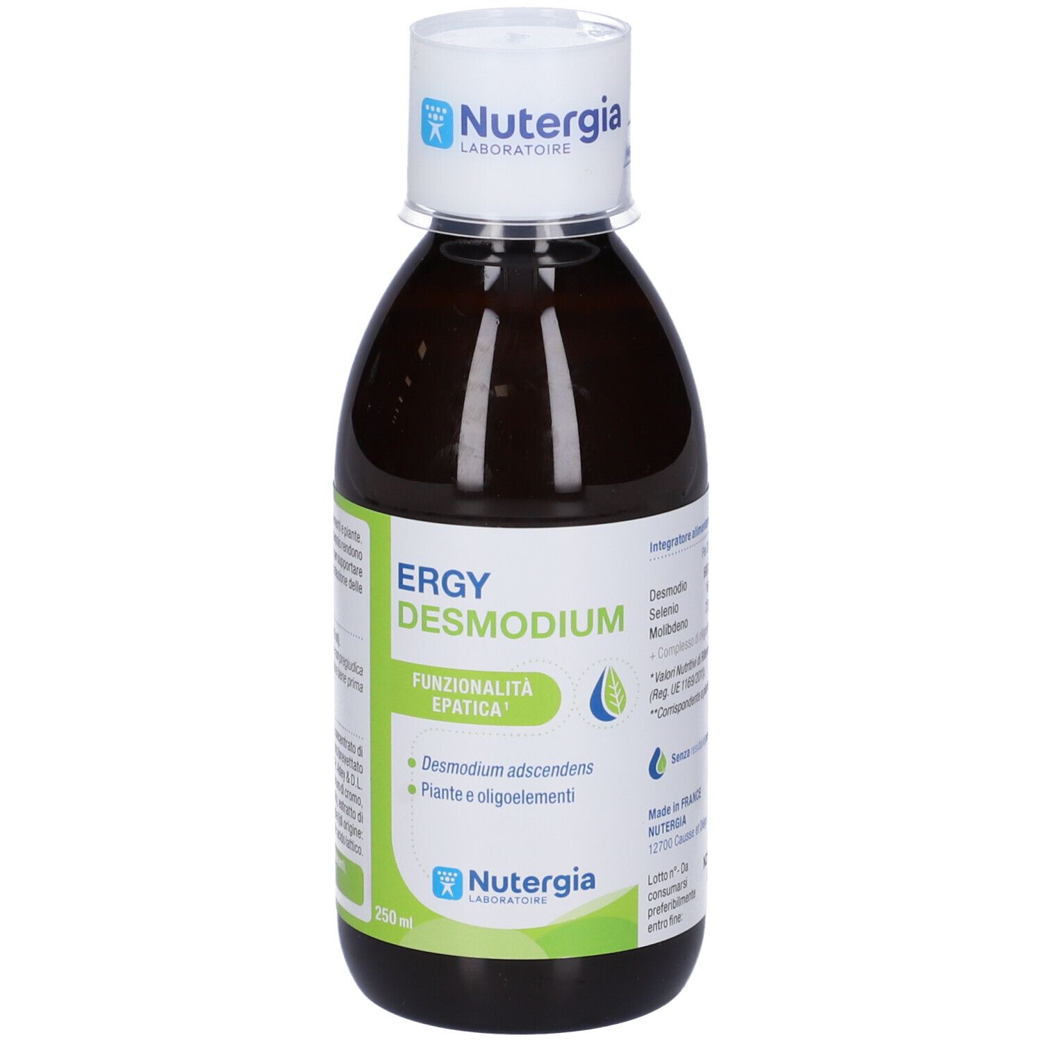 Flacone marrone con tappo bianco. Etichetta "Ergy Desmodium", logo e informazioni.