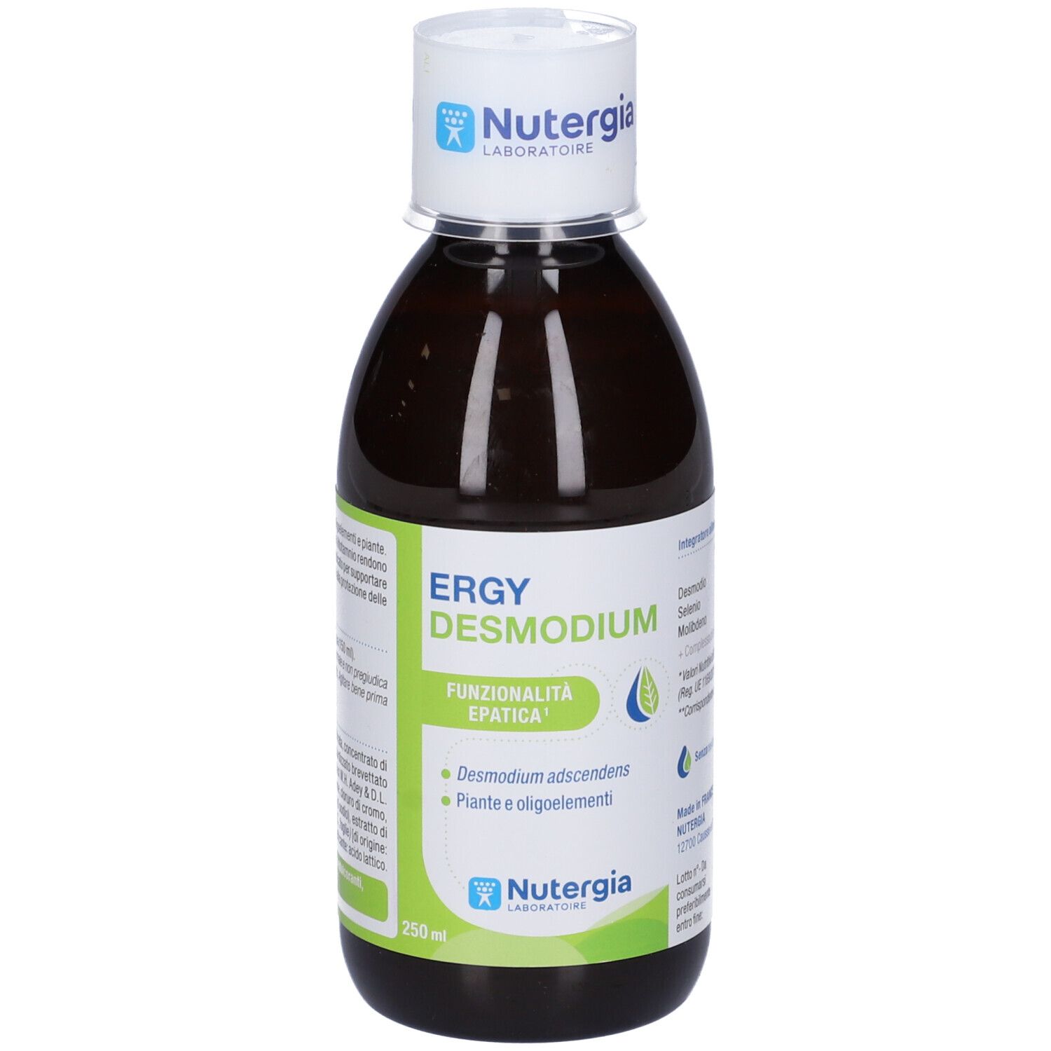 Flacone marrone con tappo bianco. Etichetta "Ergy Desmodium", logo e informazioni.
