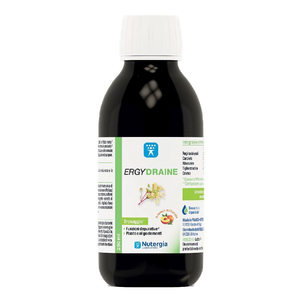 Liquido marrone in bottiglia con tappo bianco. L'etichetta riporta ERGYDRAINE e Nutergia.
