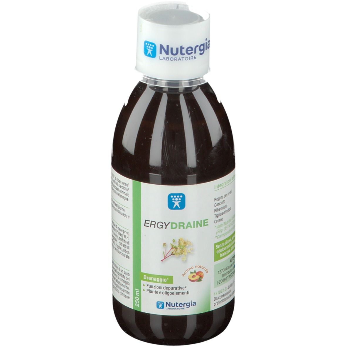 Liquido marrone in bottiglia con tappo bianco. L'etichetta riporta ERGYDRAINE e Nutergia.