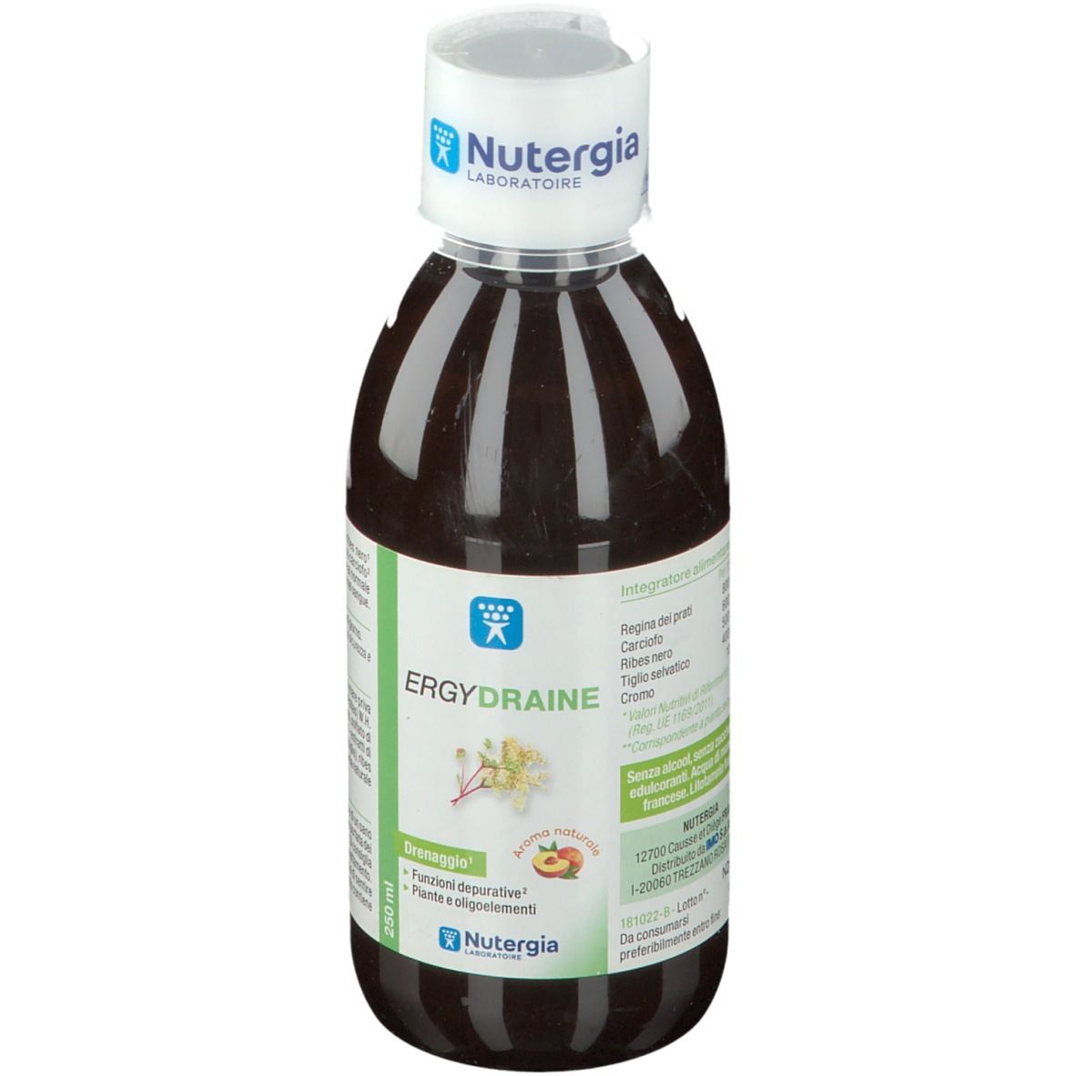 Liquido marrone in bottiglia con tappo bianco. L'etichetta riporta ERGYDRAINE e Nutergia.