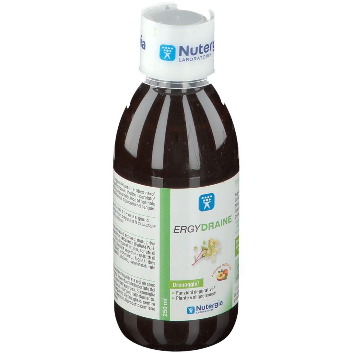 Liquido marrone in bottiglia con tappo bianco. L'etichetta riporta ERGYDRAINE e Nutergia.