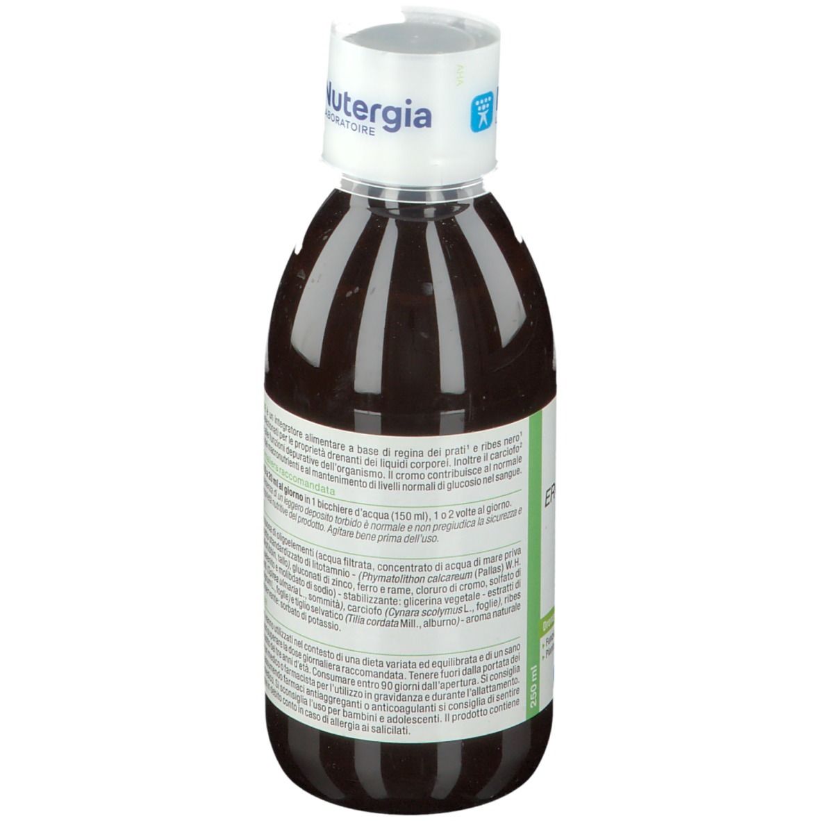 Vista posteriore di una bottiglia di liquido marrone. L'etichetta contiene informazioni e il marchio Nutergia.