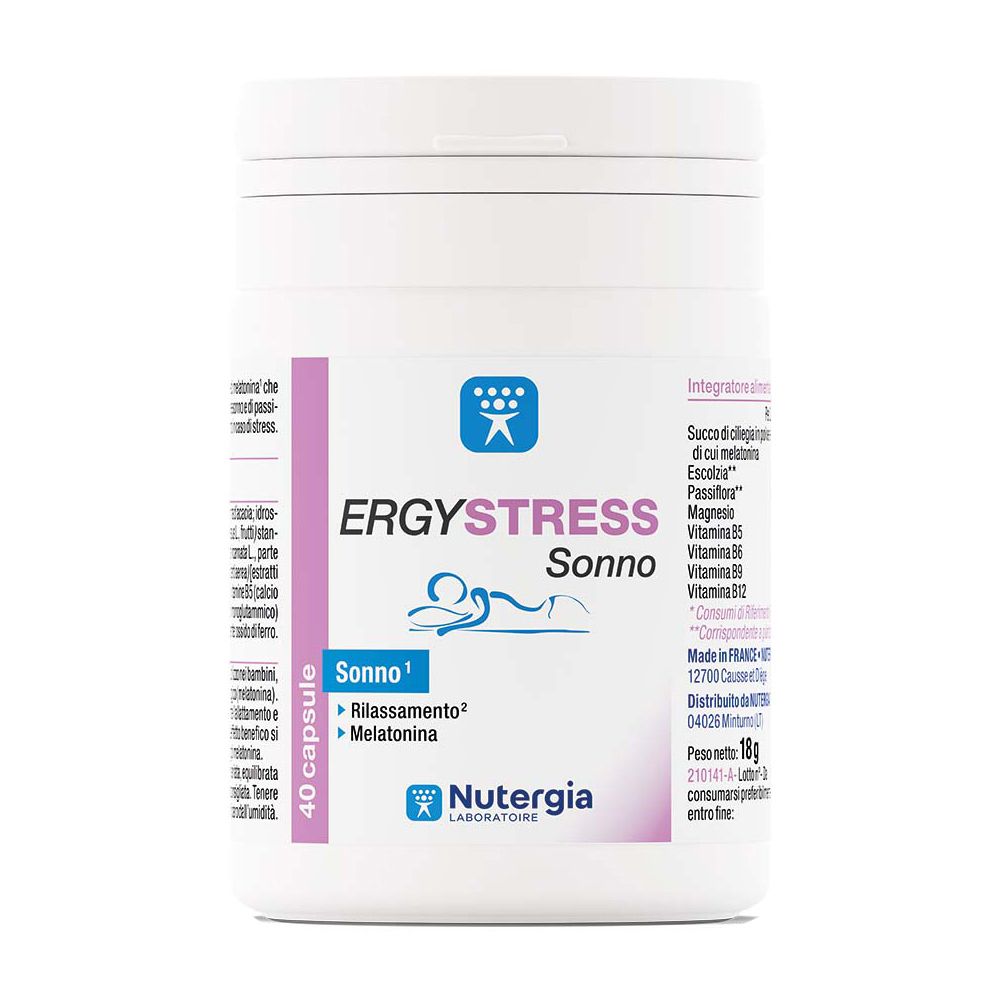 Flacone bianco 'Ergystress Sonno' con 40 capsule. Marchio Nutergia.